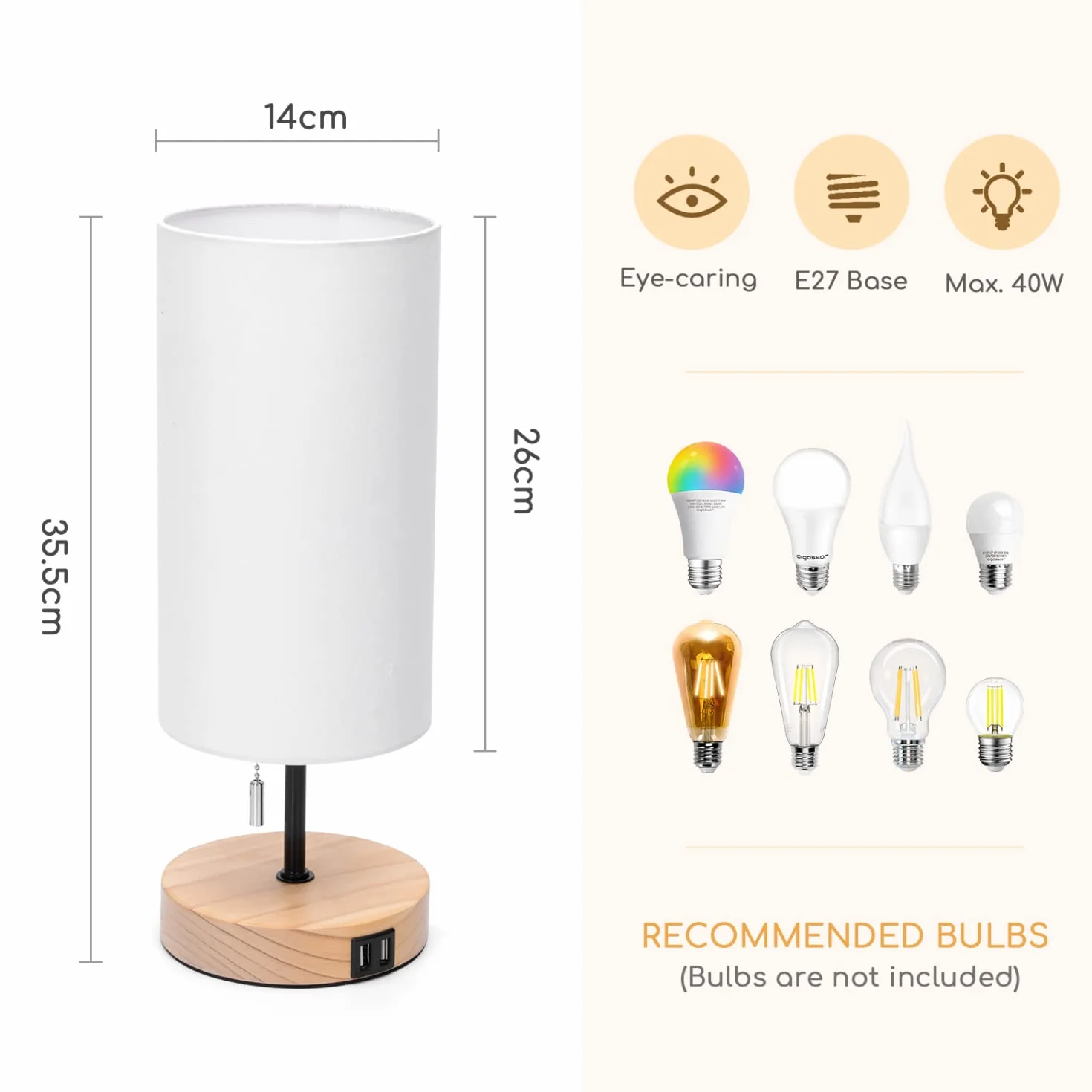 Lampa stołowa Aigostar z 2 portami ładowania USB, lampka nocna z włącznikiem pociąganym, drewniana podstawa, zabytkowa lampa biurkowa do salonu, sypialni, biura