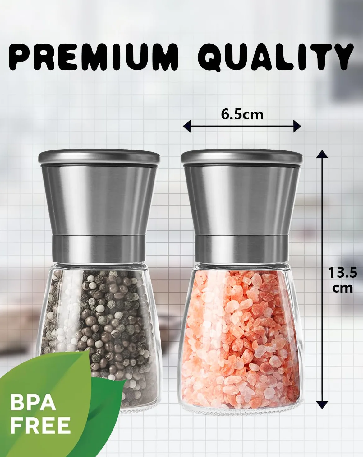Zestaw młynków do soli i pieprzu, regulowana grubość, gruba i drobna solniczka, młynki do soli i pieprzu premium [bez zawartości przypraw]