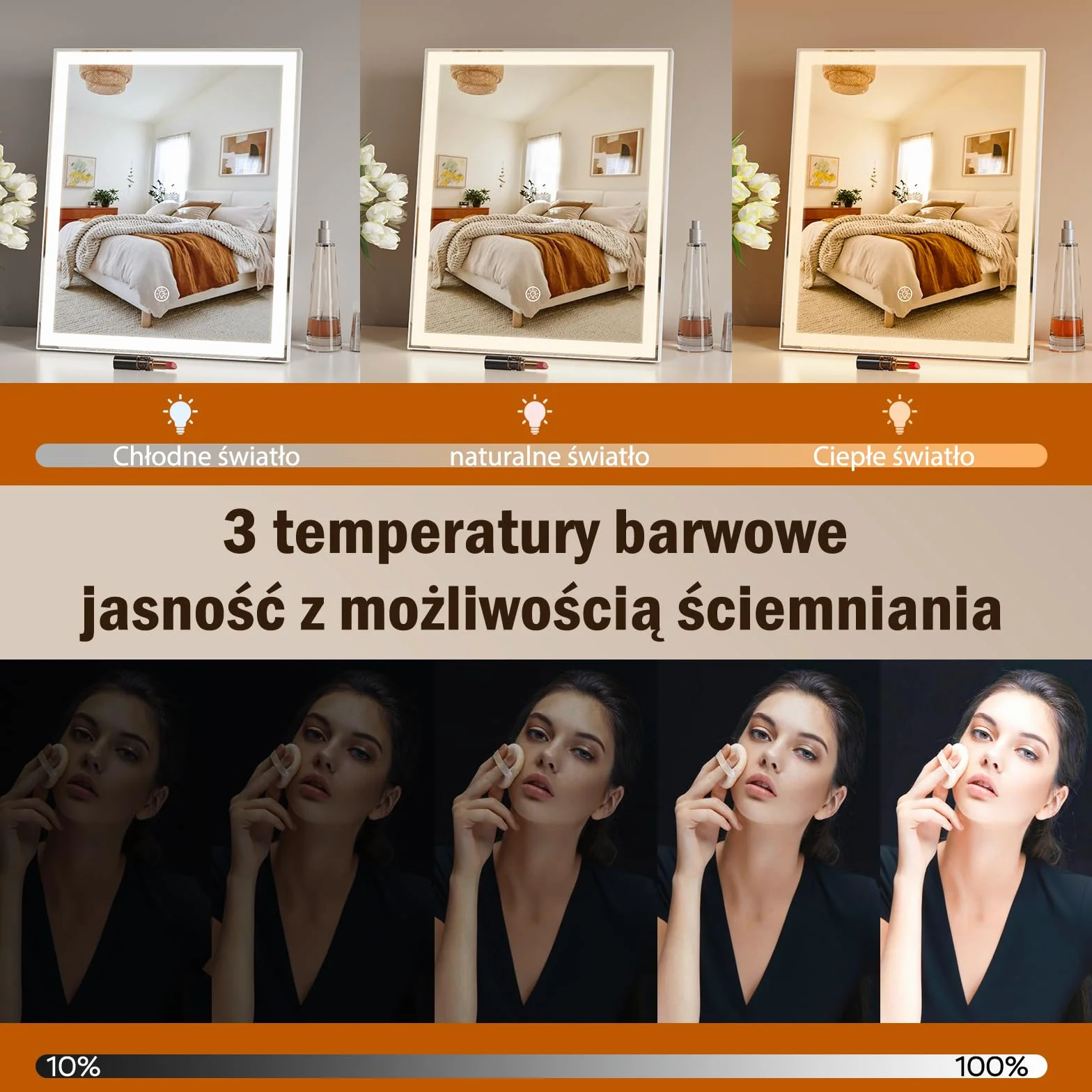ANTENLICHT Lusterko do makijażu z oświetleniem, możliwość ściemniania, 10-krotne powiększenie, 3-kolorowe lustro toaletkowe z oświetleniem, nowoczesne lusterko kosmetyczne z dotykowym sterowaniem, 30