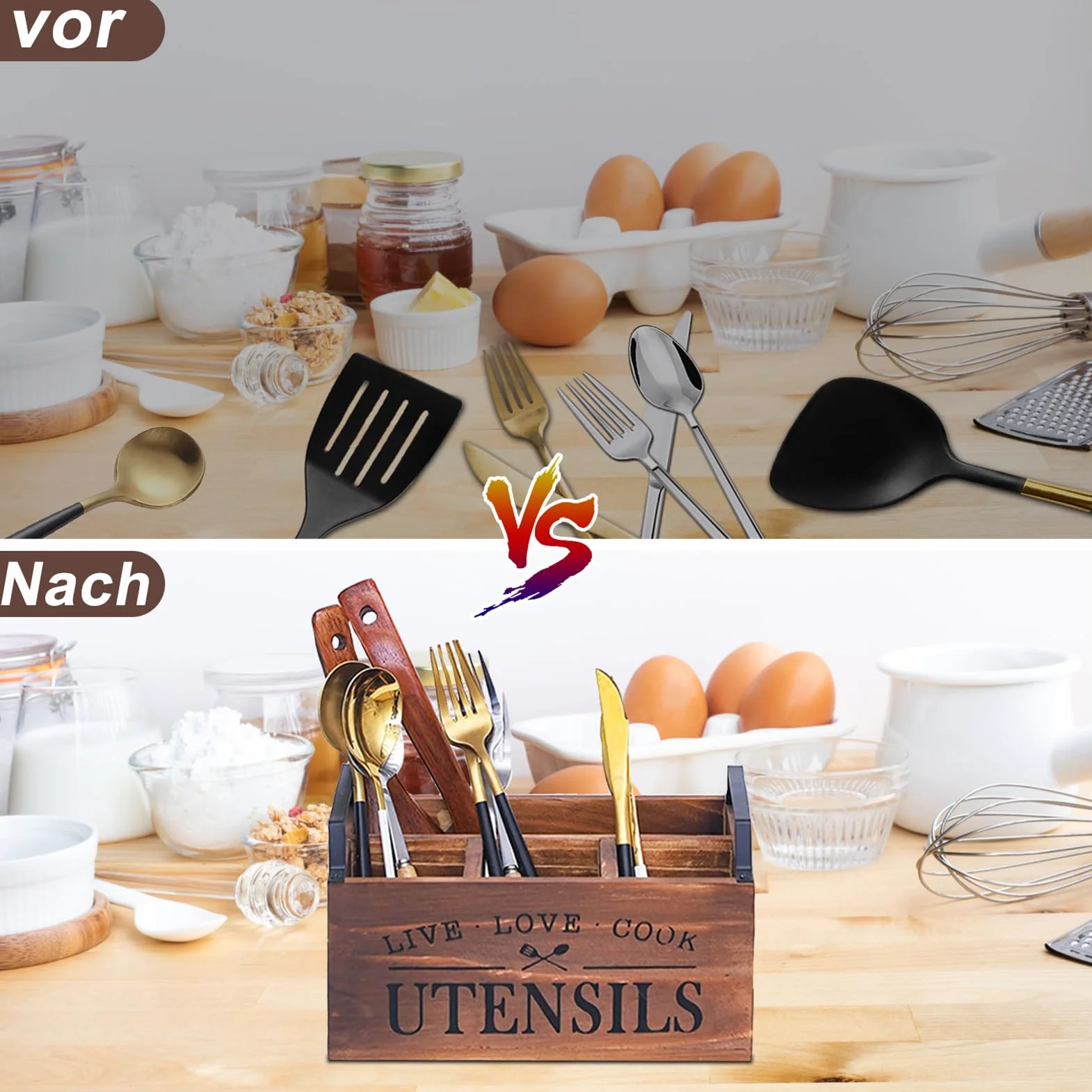 Uchwyt na przybory kuchenne z drewna, dno drenażowe, 4 półki, z litego drewna, organizer na przybory kuchenne, 2 boczne uchwyty do łatwego przemieszczania