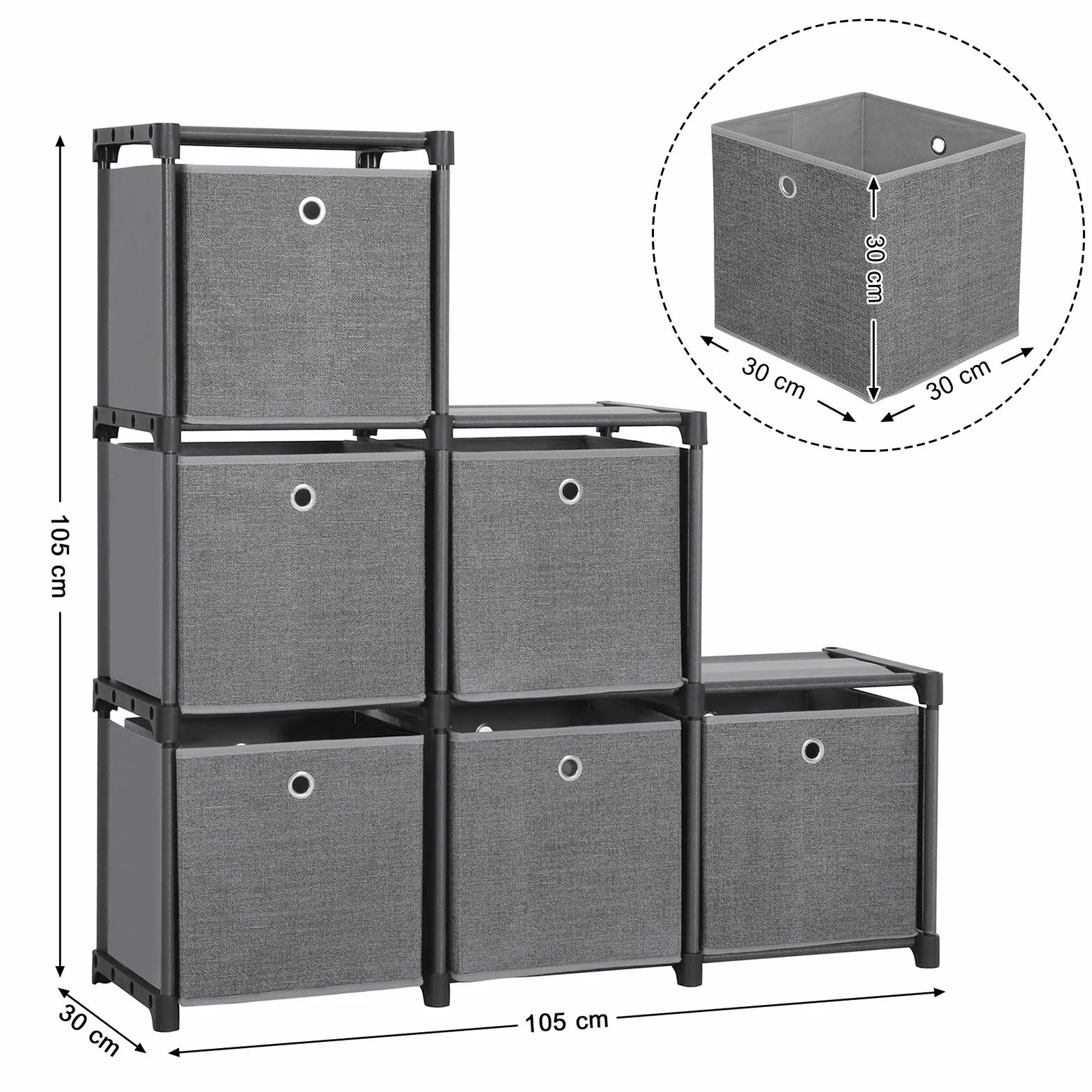 SONGMICS LSN66BK regał wtykowy, system przechowywania 6 kostek, z 6 pudełkami z materiału, wielofunkcyjny, z wytrzymałą metalową ramą, gumowym młotkiem, 105 x 105 x 30 (szer. x wys. x głęb.), kolor