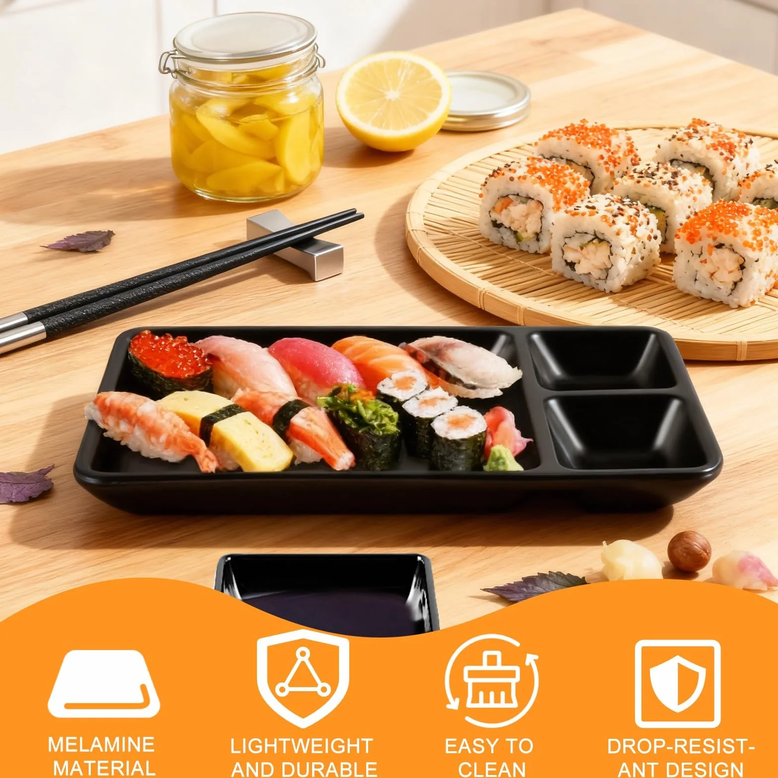 YAYODS 16-częściowy zestaw japońskich sushi czarny - japońskie naczynia z melaminy zawiera 4 pałeczki do sushi, 4 talerze do sushi (22 x 12,5 x 2,1 cm), 4 miseczki do dipów, 4 uchwyty na pałeczki