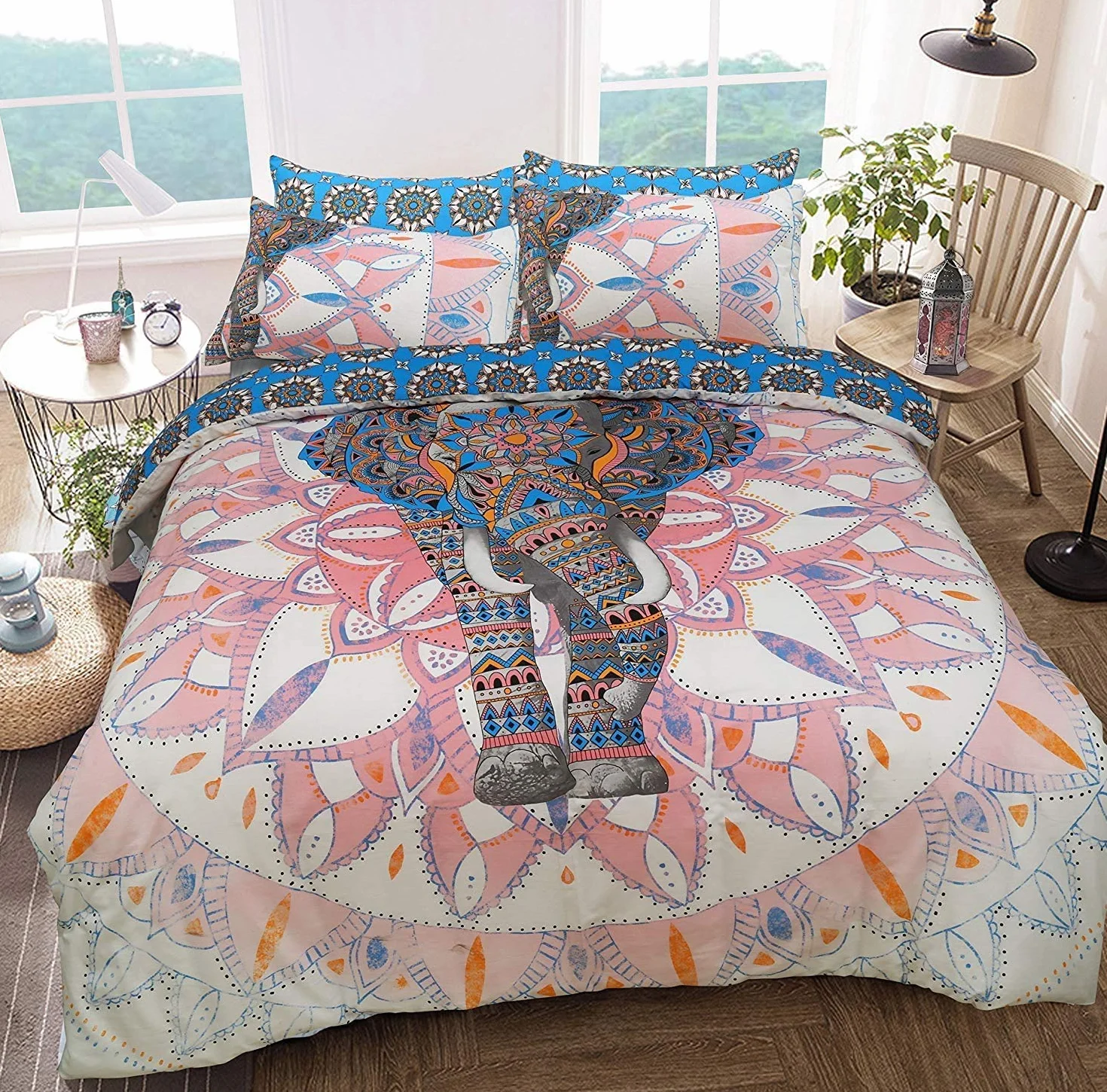 Sleepdown Elephant Mandala zestaw dwustronnych poszewek na kołdrę, łatwa pielęgnacja, antyalergiczna, miękka i gładka z poszewkami na poduszki, odcień zielonkawy