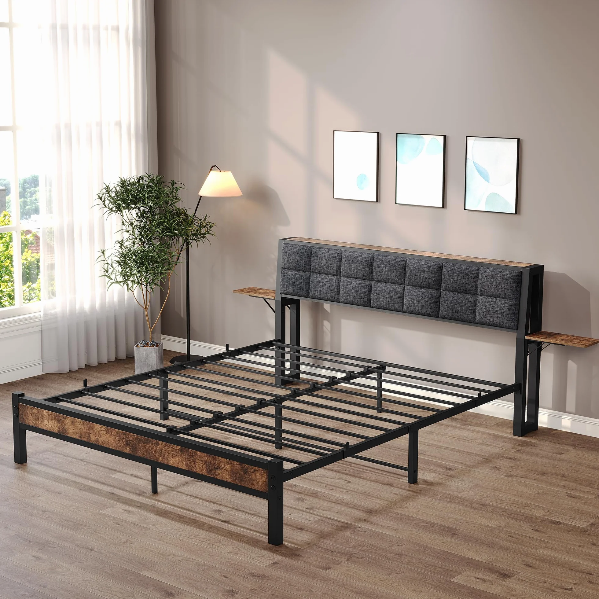 Łóżko tapicerowane 140x200 ze stelażem lamelkowym, rama łóżka z metalu i drewna, nowoczesne metalowe łóżko rama łóżka/łóżko 140x200 z miejscem do przechowywania w zagłówku i 2 bocznymi