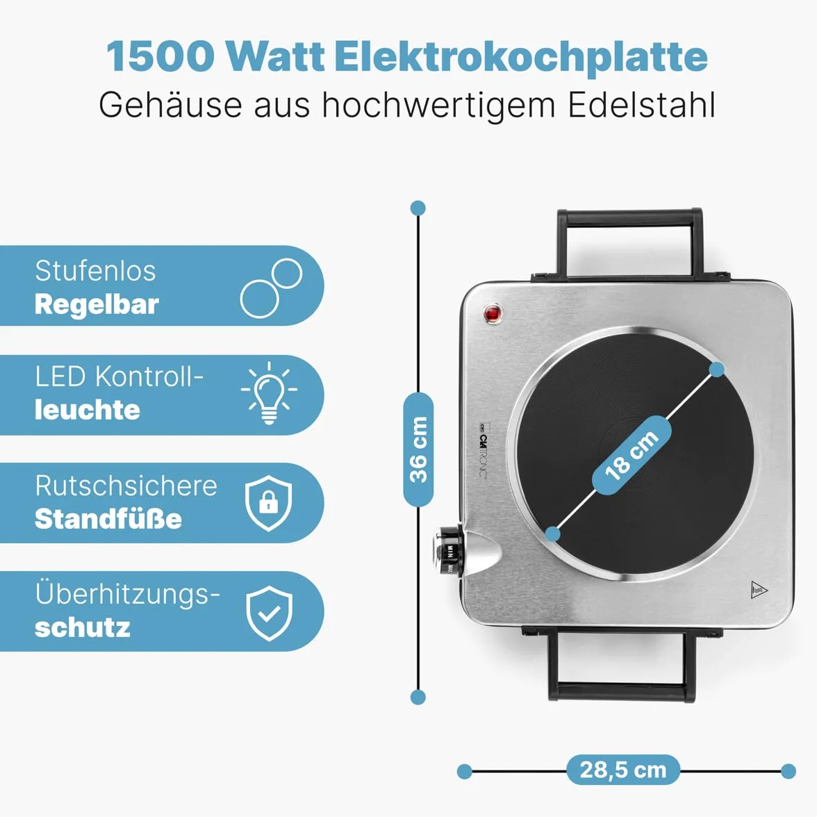 Clatronic® Elektryczna płyta grzewcza o mocy 1500 W, 1 płyta kuchenna do kuchni, biura lub na kemping, elektryczna płyta kuchenna z bezstopniową regulacją temperatury, pojedyncza płyta grzewcza ze