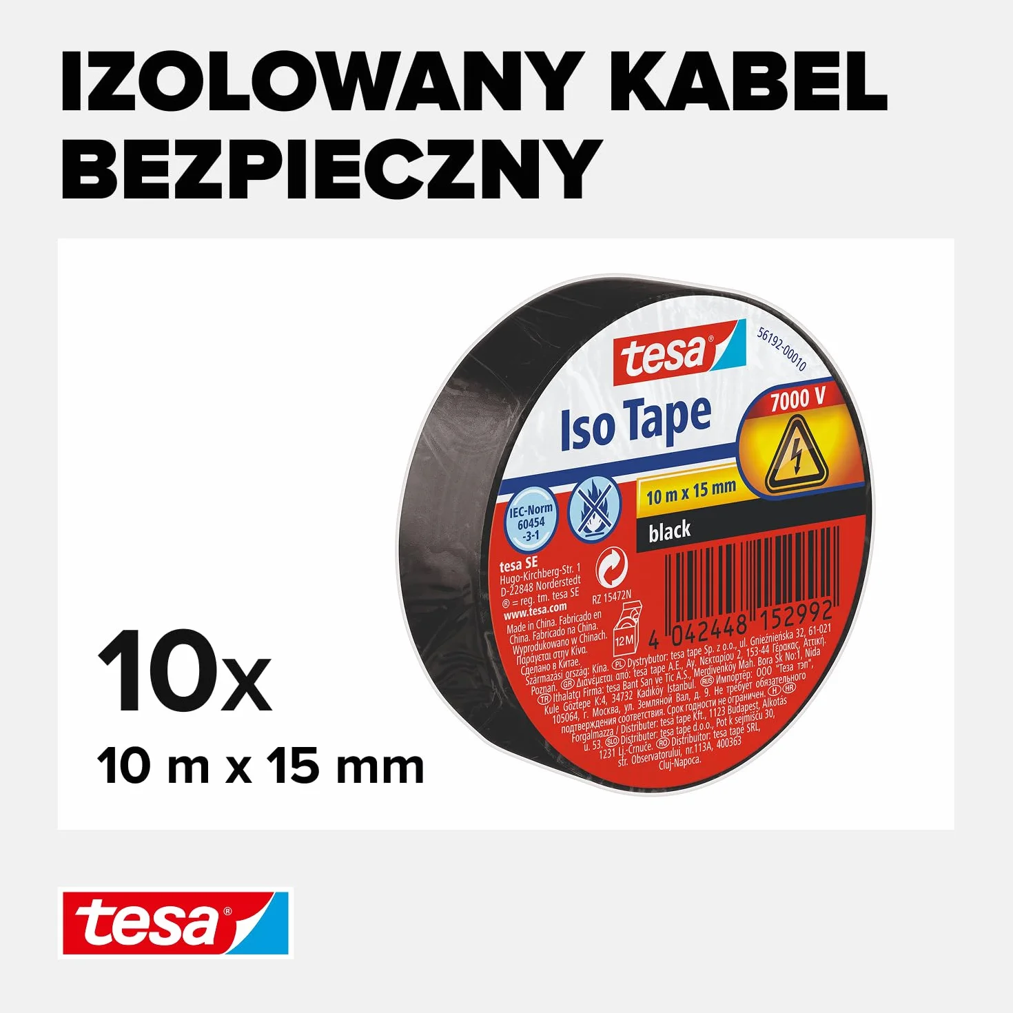tesa® taśma izolacyjna – samoprzylepna taśma zabezpieczająca – odporna na wysoką temperaturę – do izolacji, napraw i wiązania kabli – 10x 10 m x 15 m, czarna