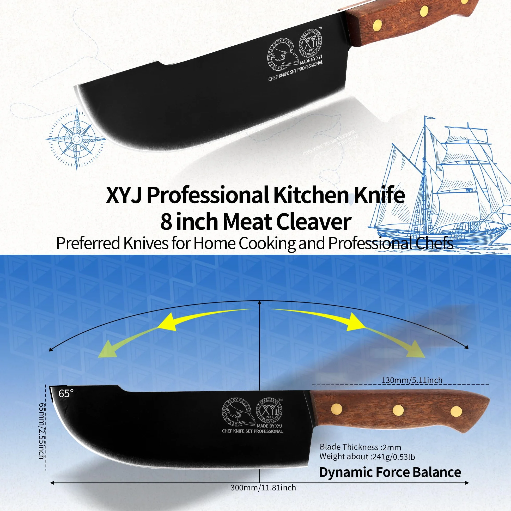 XYJ 8 Inch Slicing Knife With Sheath, Handmade Forged Kitchen Knife, Stainless Steel Blade, Full Tang, Meat Cleaver for Meat Cutting, Cooking Chefs Knife for Camping Outdoor BBQ for Women Men