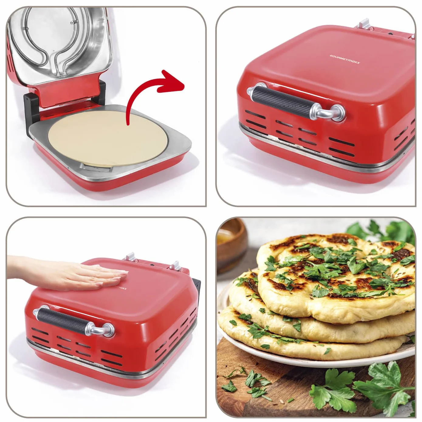 GOURMETmaxx Elektryczny piec do pizzy z kamieniem do pizzy | urządzenie do pizzy o mocy 1800 W i funkcji timera | średnica 30 cm idealnie nadaje się również do ciast z płomieniem, wrapów lub