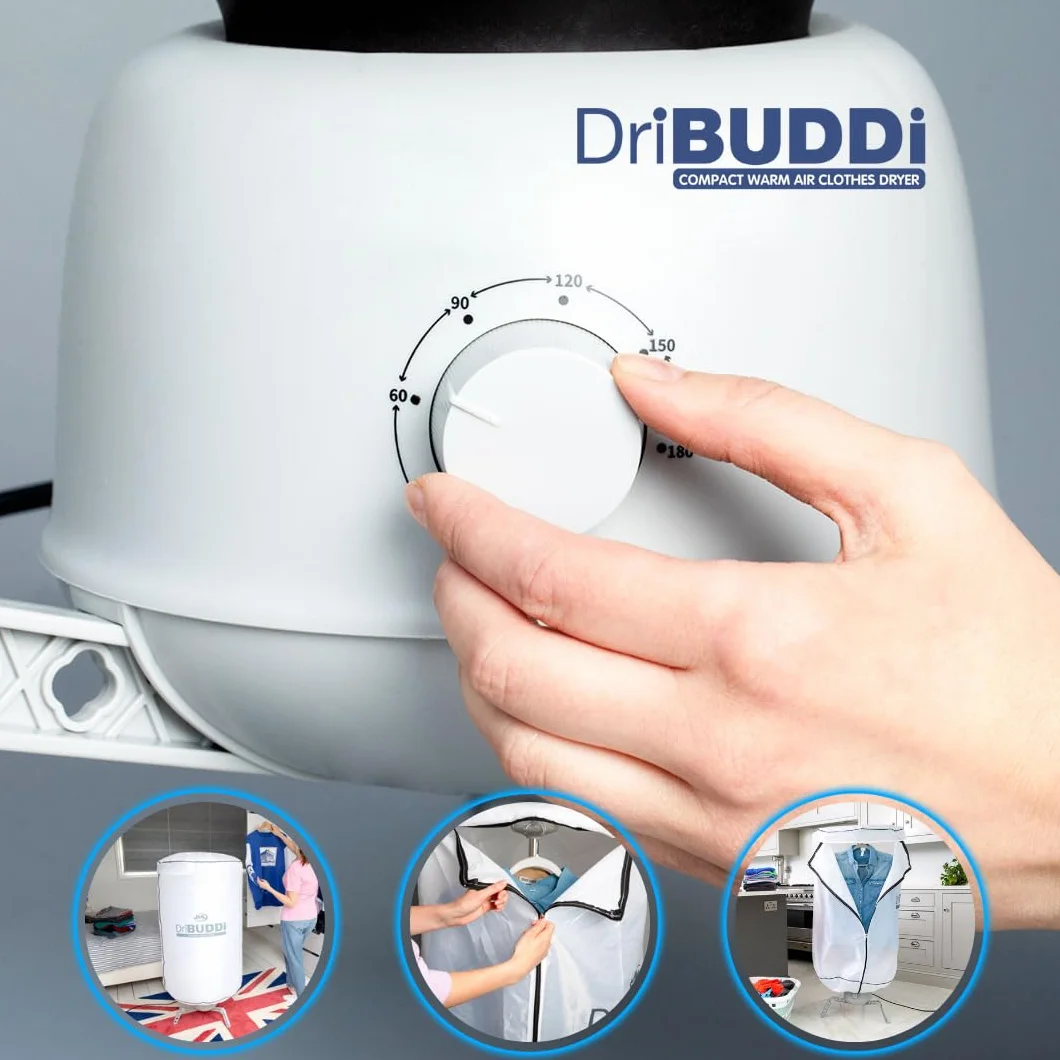 DriBUDDi Compact, elektryczna i przenośna suszarka do ubrań | 850 W, pojemność 10 kg, delikatne suszenie bez zagnieceń, oszczędność energii (nowy projekt 30% bardziej wydajny)