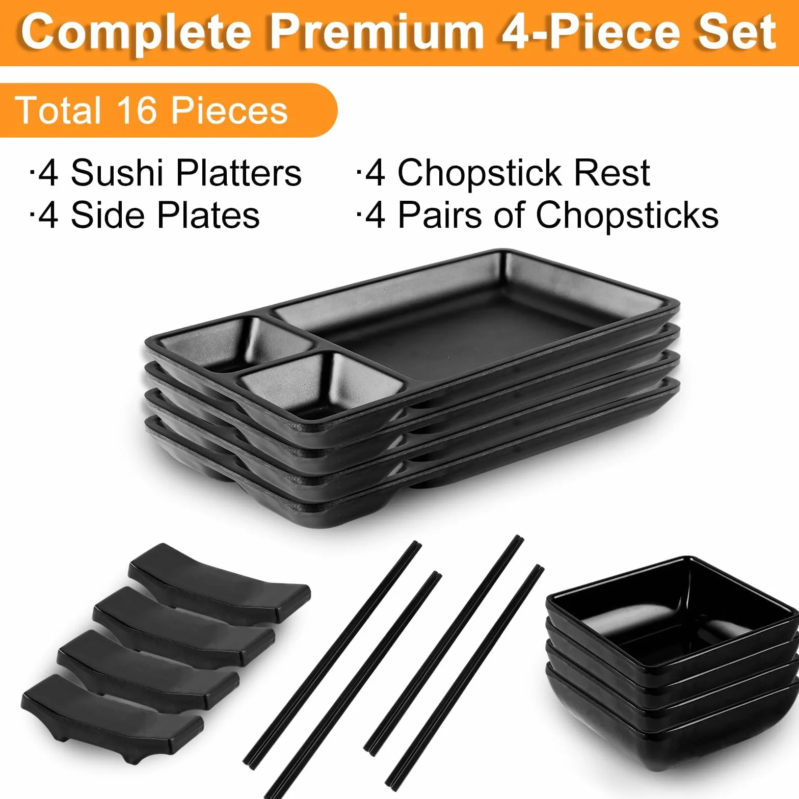 YAYODS 16-częściowy zestaw japońskich sushi czarny - japońskie naczynia z melaminy zawiera 4 pałeczki do sushi, 4 talerze do sushi (22 x 12,5 x 2,1 cm), 4 miseczki do dipów, 4 uchwyty na pałeczki
