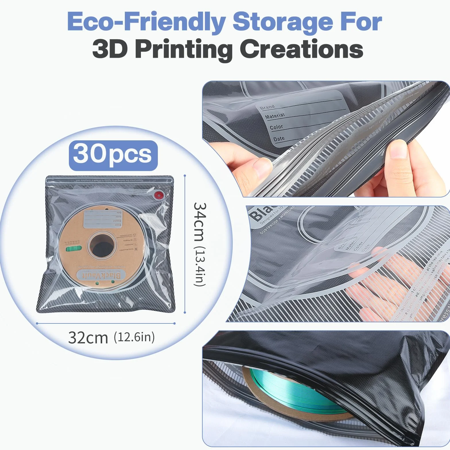 Vacbird Zestaw próżniowy do przechowywania filamentu 3D, 30 worków czarnych z pompą USB 30x34 cm