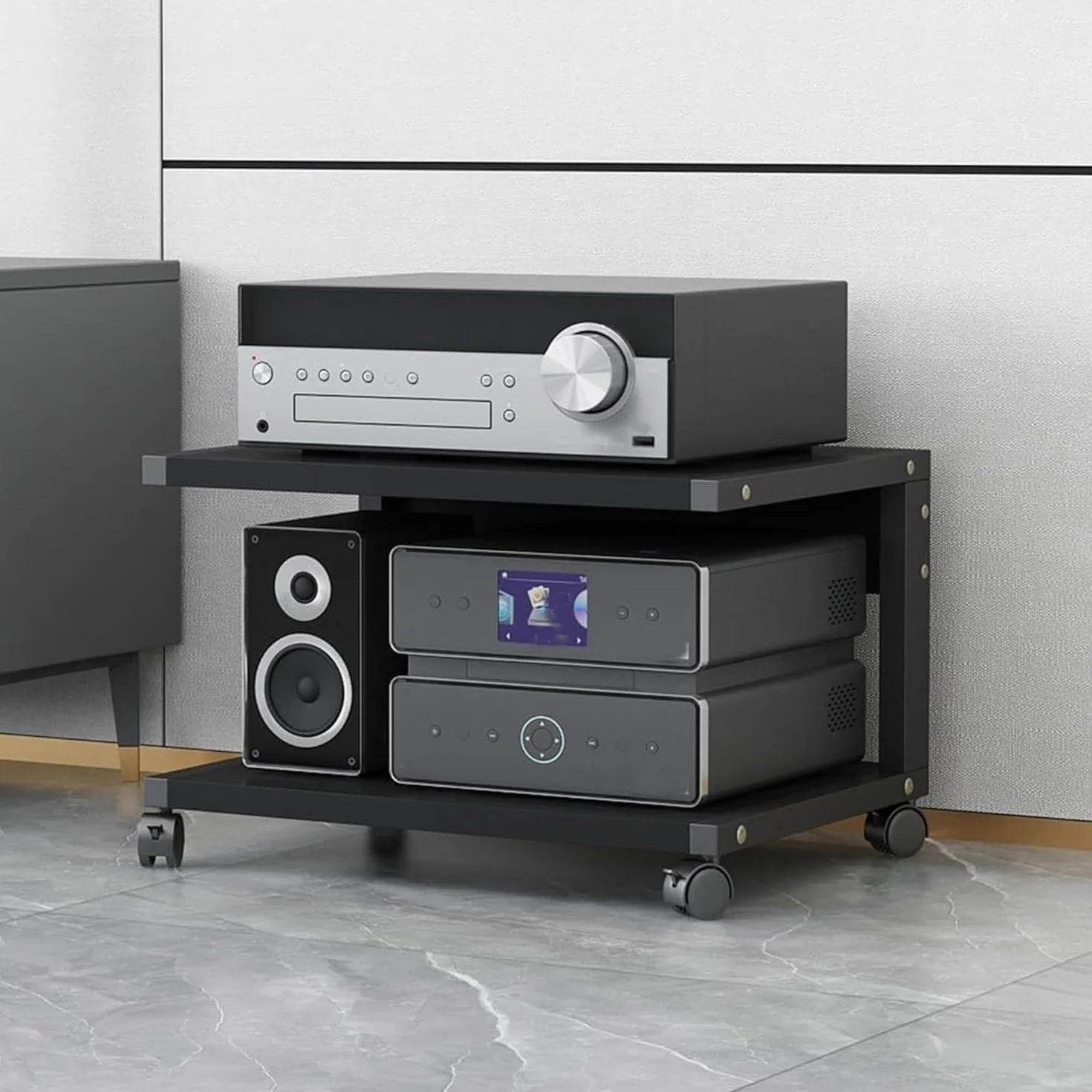 Stojak Na Sprzęt HiFi, 2-poziomowy Stojak Na Sprzęt Audio AV Z Kółkami, Drewniana Szafka Pod Telewizor Stereo, Do Salonów, Pokojów Gier, Centrów Rozrywki(Black,50x40x35cm)