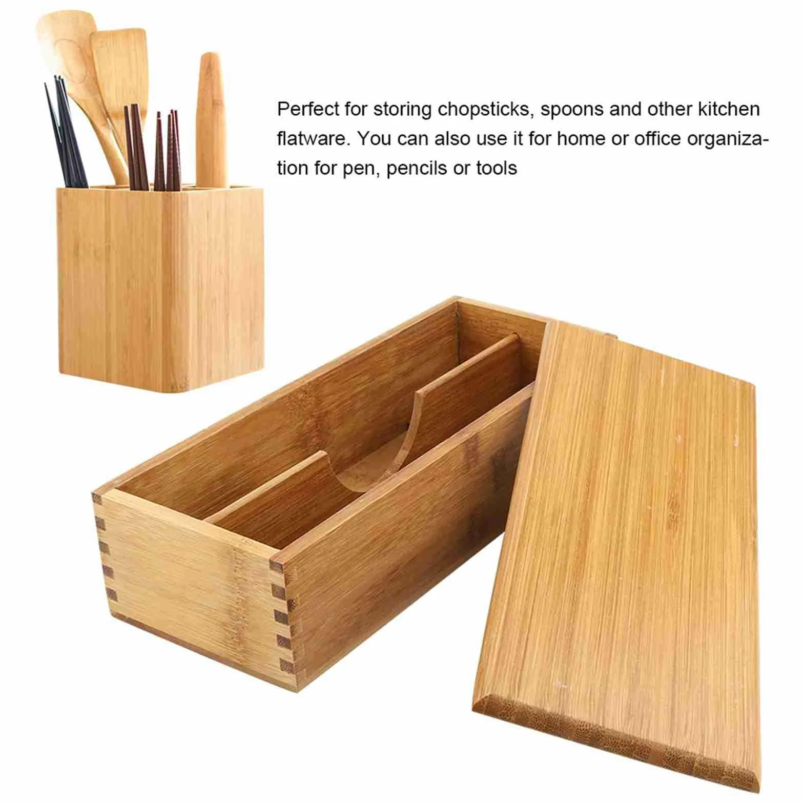 Vintage Wooden Cutlery Organizer with Lid for Kitchen Counter Drawer