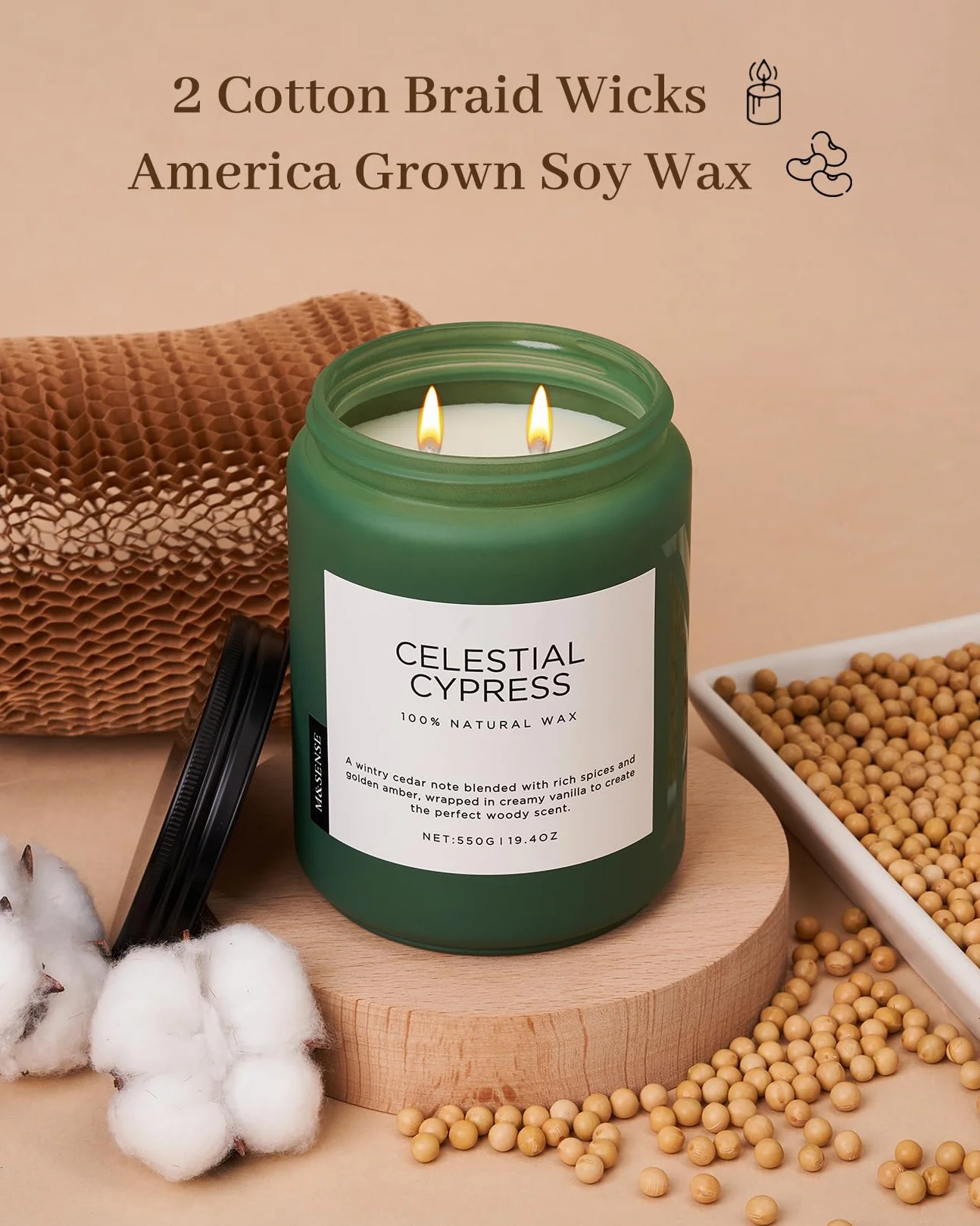 Świeca Sojowa Cedr-Kardamon 550g 110h 2 Knoty Naturalna Długotrwała