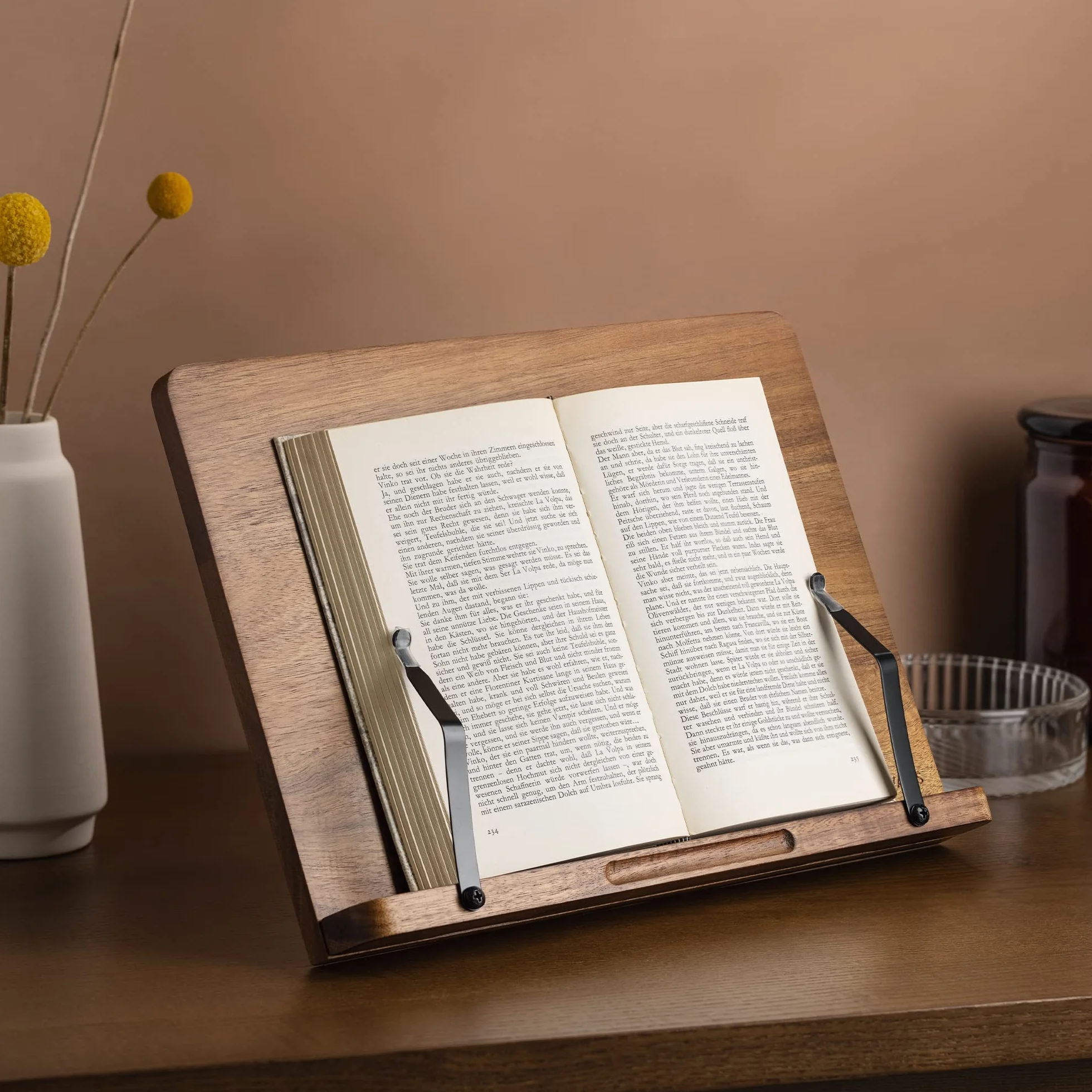 Navaris Stojak na książki kompatybilny ze stojakiem na iPad, 33 x 24 cm podpórka na książki z drewna akacjowego, na biurko lub do kuchni