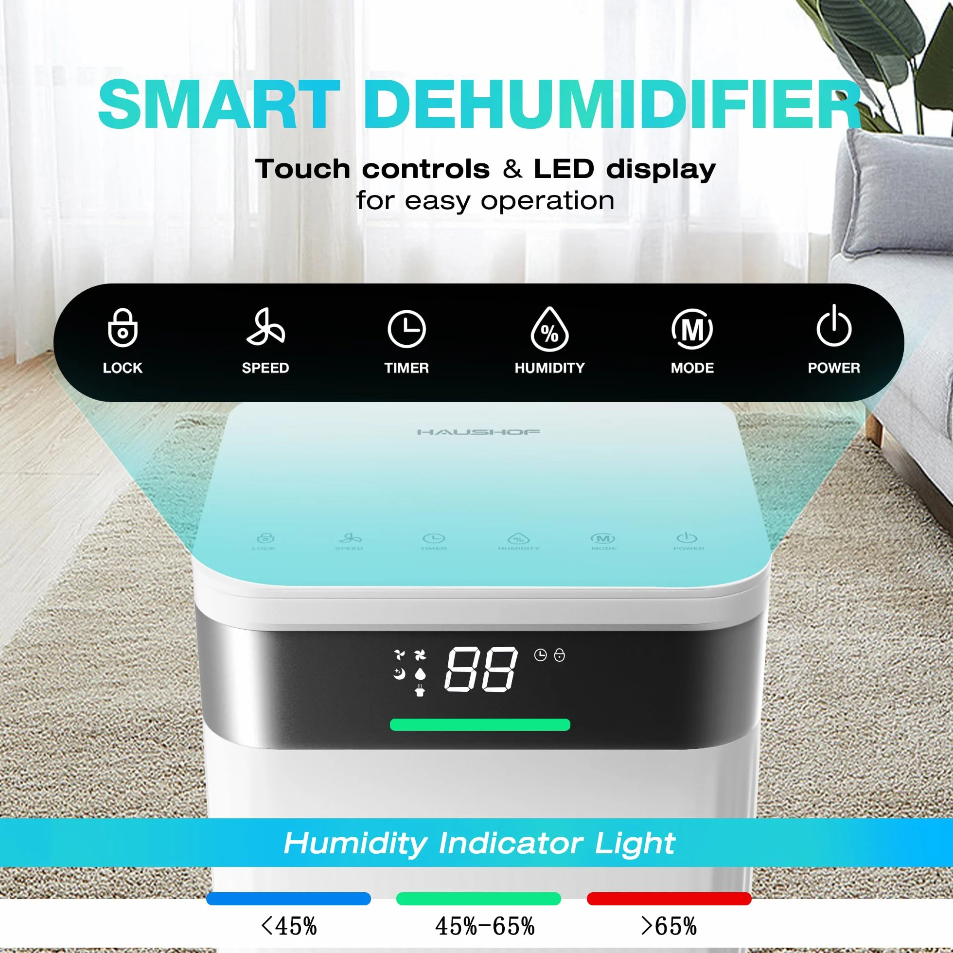 HAUSHOF Osuszacz 12L/dzień, cichy i oszczędny, 3 tryby (auto, suszenie, nocny), czujnik cyfrowy, timer 24H, zbiornik 2L, idealny do domu, piwnicy i łazienki