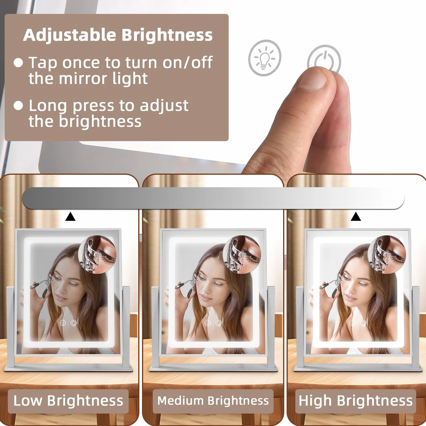 Azyvum Lusterko do makijażu z oświetleniem, lustro Hollywood z 3 regulacją temperatury barwowej, obracanie o 360°, sterowanie dotykowe, plug-in, zdejmowane lusterko powiększające 10-krotne