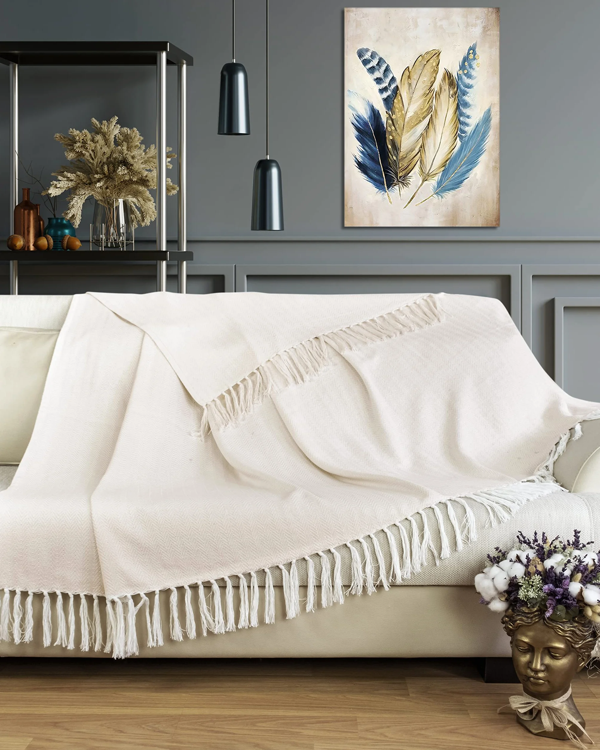 Gräfenstayn Narzuta klasy premium z frędzlami, 100% bawełna, wzór w jodełkę, koc, na lato, na łóżko, na kanapę, na sofę, 180 x 240 cm, kremowa
