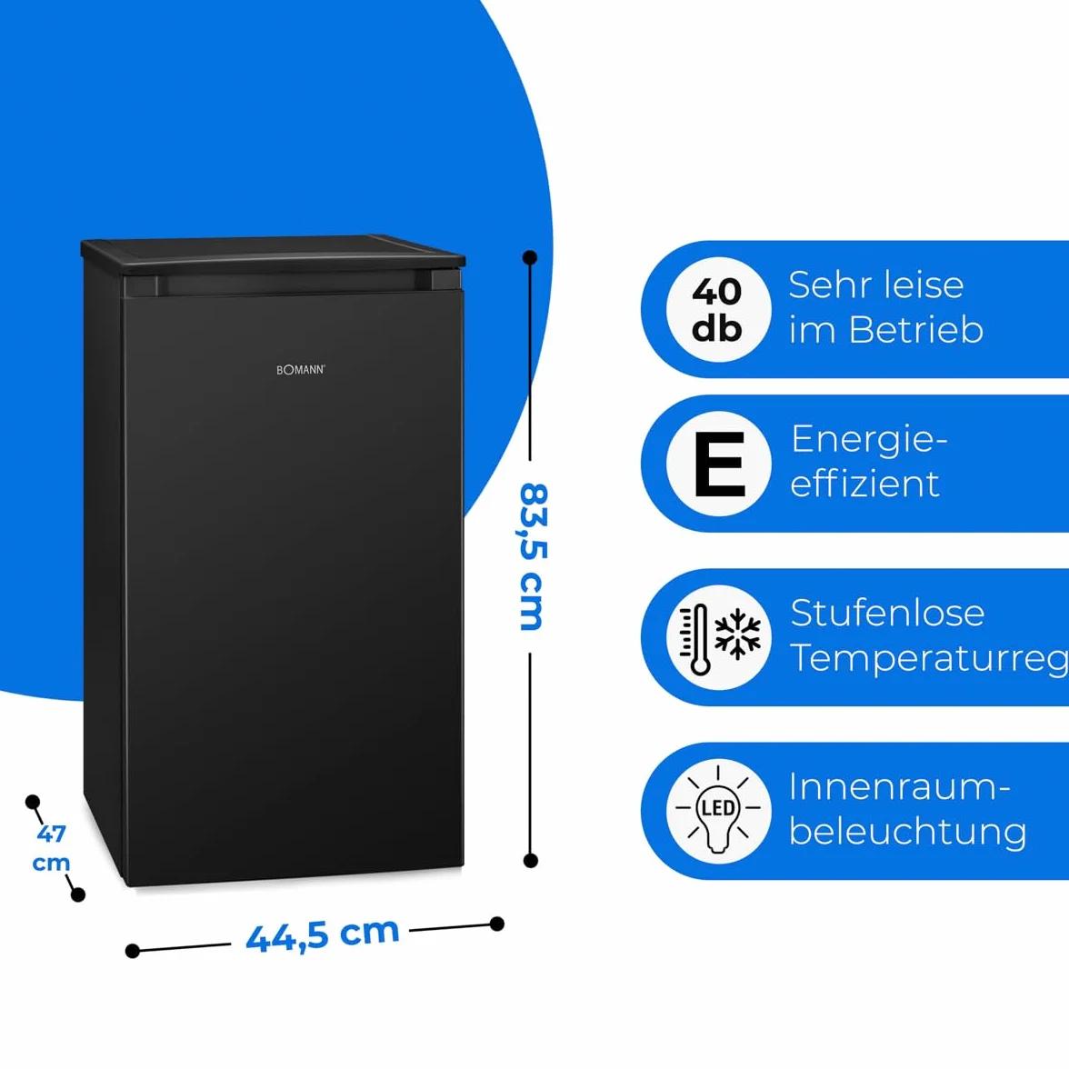 Lodówka Bomann® z zamrażalnikiem, 91 l, Mała lodówka, 2 półki, Szuflada na warzywa, Odwracalny zawias drzwi, 0°~ 8°C, Mini lodówka, Czarna lodówka, Cicha, Lodówka KS 7254 Czarna