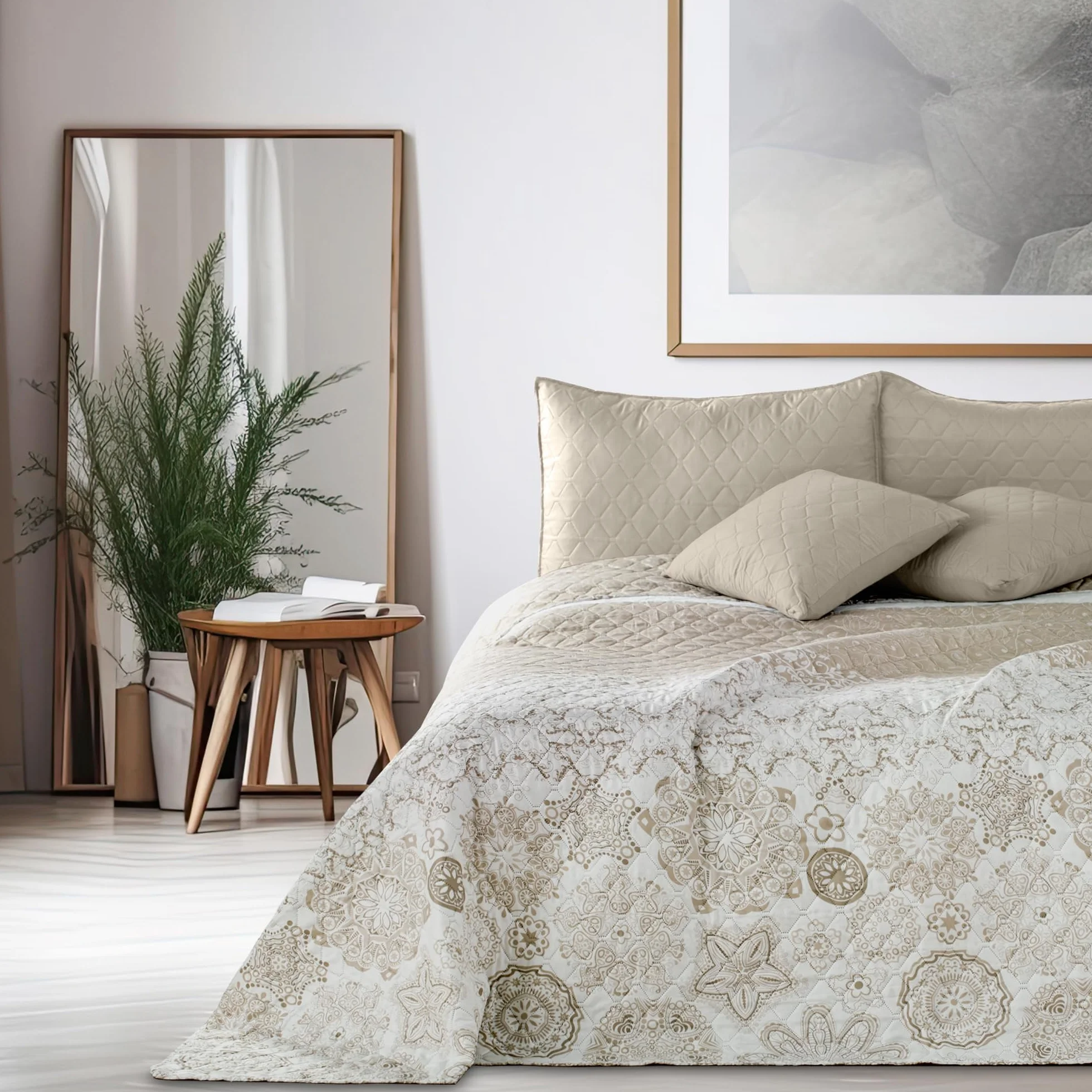 DecoKing Narzuta na łóżko 170 x 270 cm w abstrakcyjny wzór dwustronna Alhambra beżowy biały łatwa w pielęgnacji