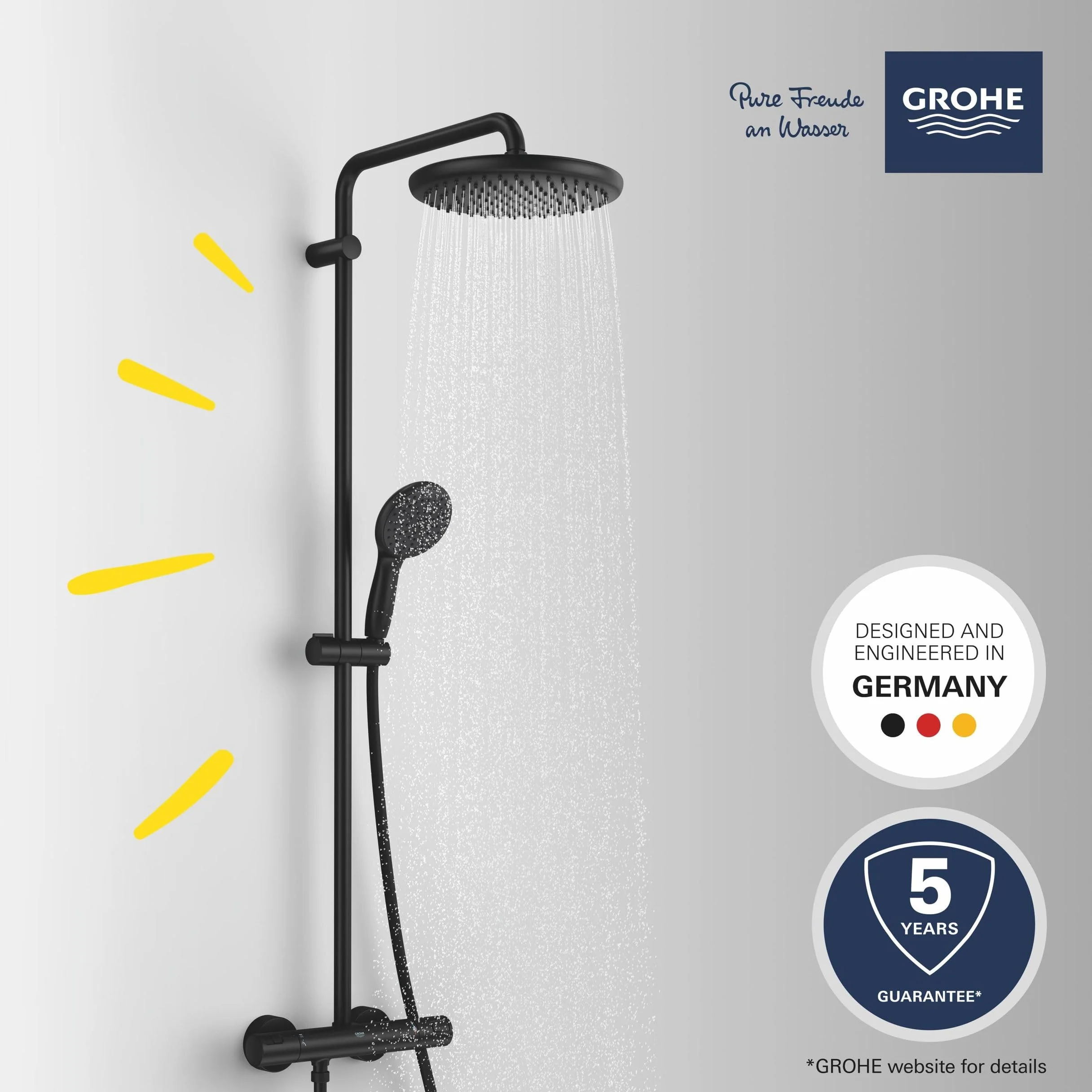 Grohe Vitalio 250 266772431 system prysznicowy oszczędzający wodę 8 l na min (2 rodzaje strumienia, obrotowe ramię prysznicowe, blokada bezpieczeństwa przy temperaturze 38C, system zapobiegający
