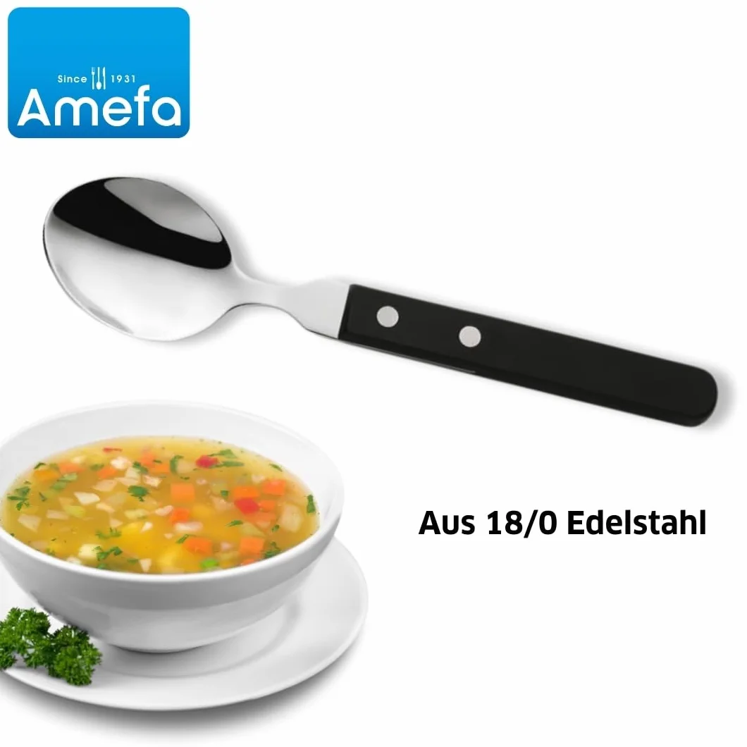 Amefa PIZZA 7000 zestaw łyżek do pizzy/steków dla 6 osób, czarny uchwyt, stal nierdzewna 18/0, polerowana i nierdzewna, 2-krotnie nitowane uchwyty z drewna Pakka, sztućce do pizzy, sztućce do steków,