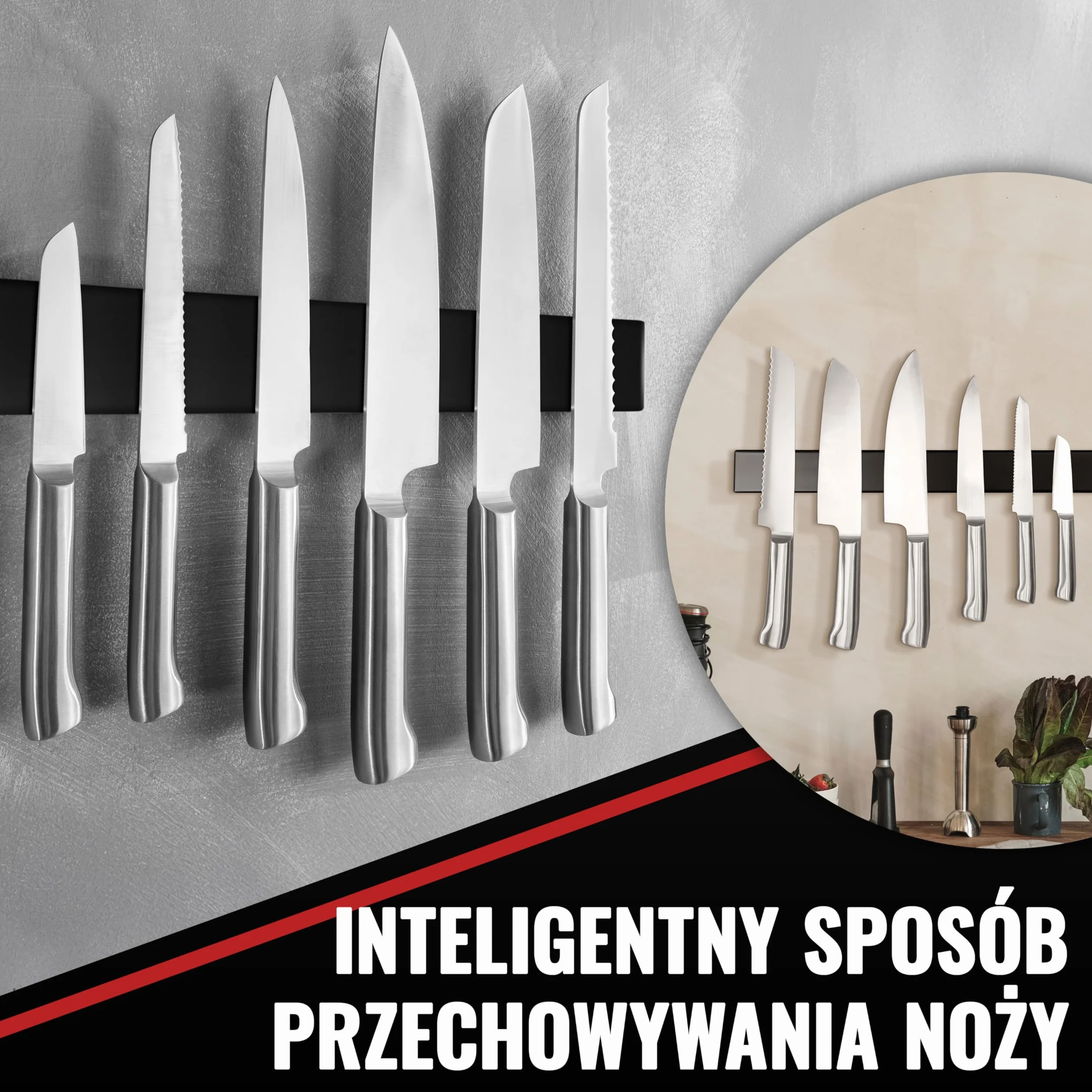 Poppstar magnetyczna listwa na noże ze stali nierdzewnej, 40 cm, z wyjątkowo mocnym magnesem, kolor czarny, różne możliwości montażu, samoprzylepna