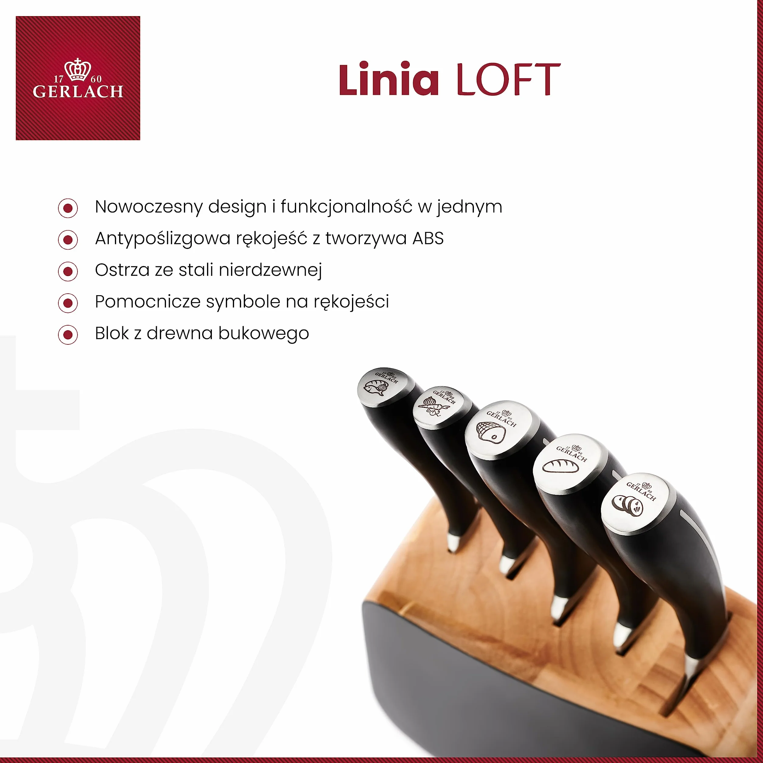 Gerlach Loft Zestaw Noży W Drewnianym Bloku Do Kuchni 5 rodzajów Ostrza Stal Nierdzewna Nóż Kuchenny Szefa Do Chleba Jarzyn