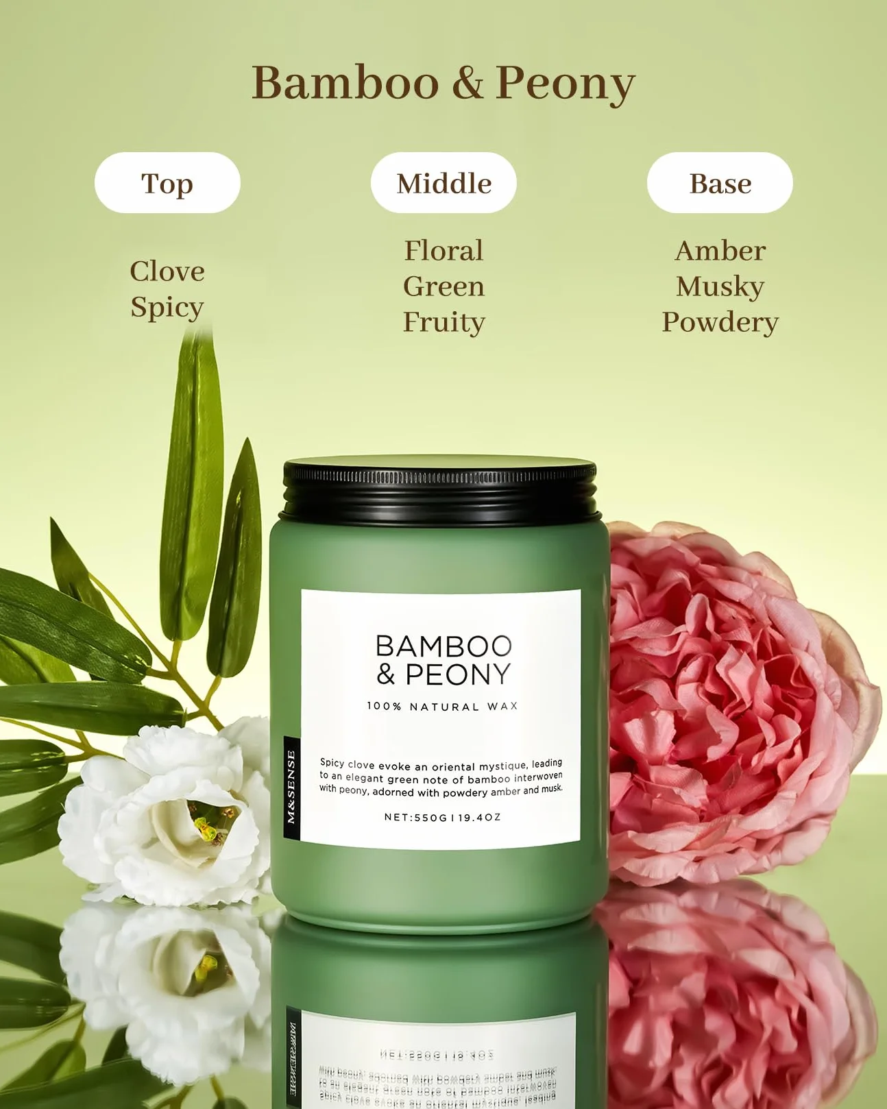 M&SENSE Bambus & Piwonia – Duża Świeca Sojowa (550g, 110h) | Wiosenny, Orzeźwiający Zapach | Naturalna, 2-Knotowa | Idealna na Prezent dla Niej i Relaksującą Aromaterapię
