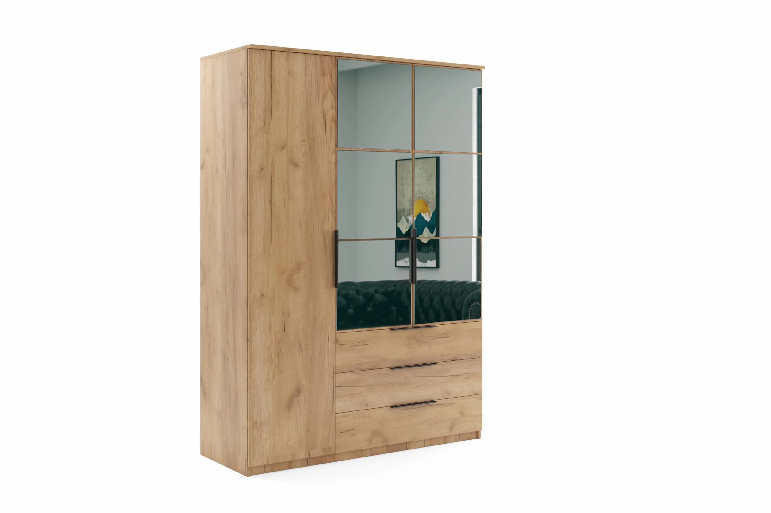 B&M Furniture Szafa z drzwiami uchylnymi, szufladami i lustrem - z półkami i drążkiem na ubrania - do garderoby, przedpokoju, sypialni – dąb kraft gold - 150 cm, wysokość 215 cm