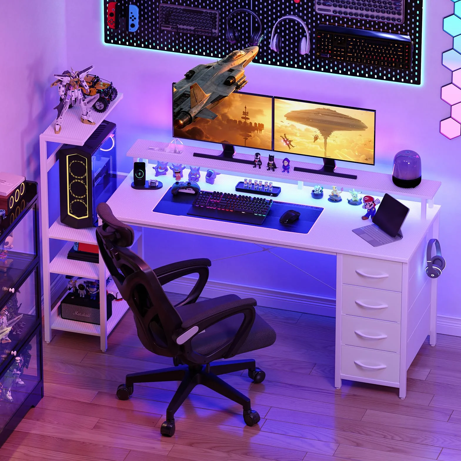 YOUDENOVA Stół gamingowy z oświetleniem LED i gniazdkiem, 150 x 50 cm, biurko gamingowe, biurko komputerowe z szufladami, włókno węglowe, biały
