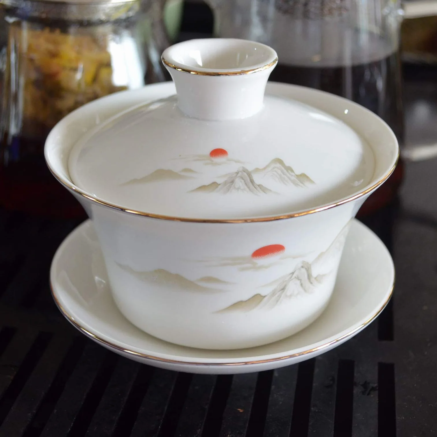 Gaiwan biała porcelana duża filiżanka do herbaty Sancai zestaw piękna wzór pokrywka słońce (255 ml średni)