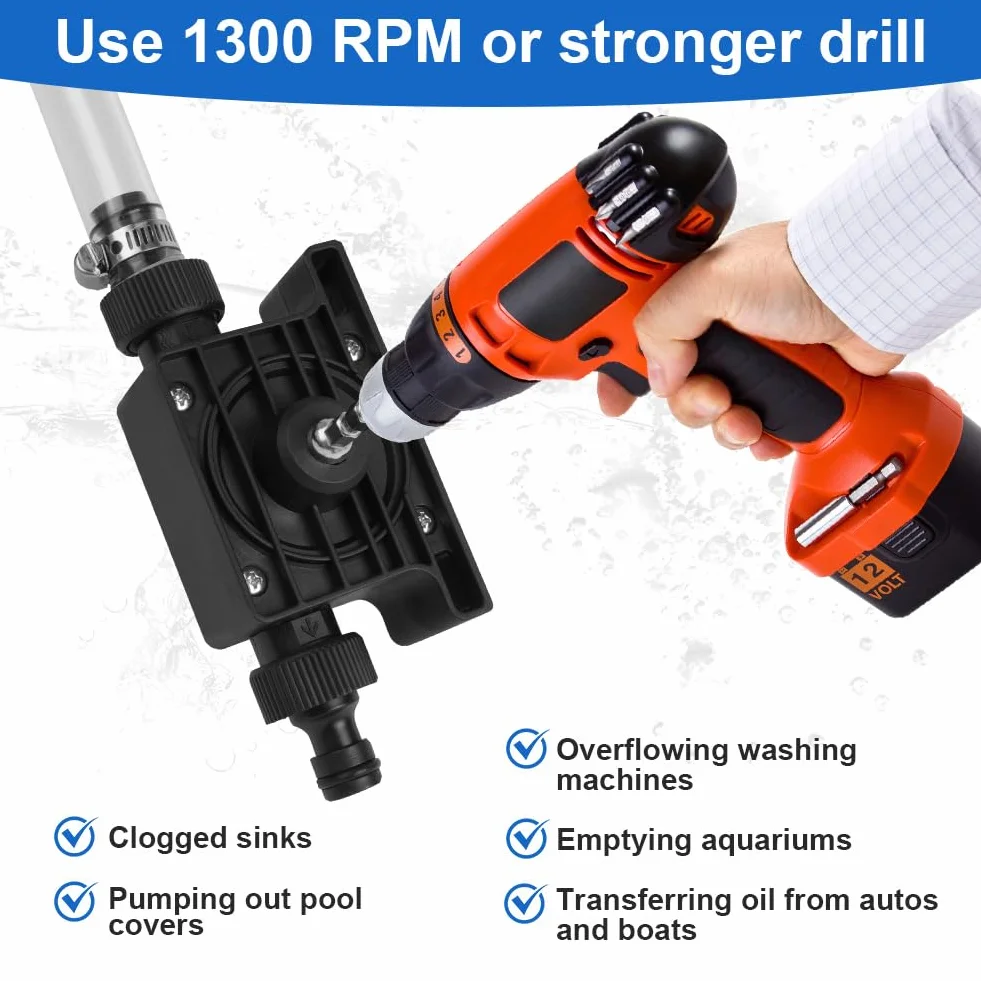 Flintronic Pompa wodna bez napędu, waterpomp, 900 L/H zelf aanzuigende overhevelpomp, accuschroefpomp, met 2m slang, voor water, olie, brandstoffen, dieselmotoren, vloeibaar water | Max. 3500 tpm