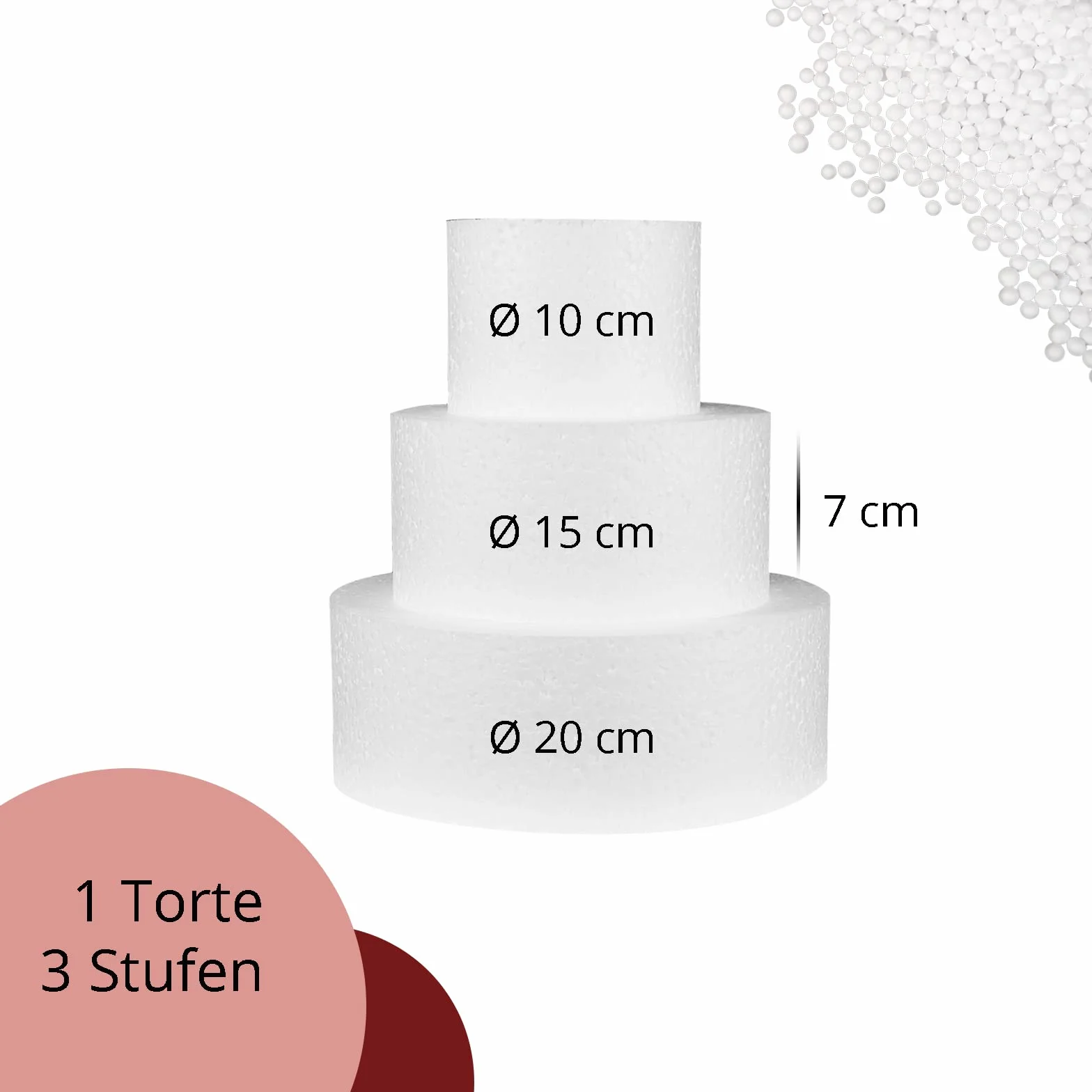 Styropor A3995893 Zestaw tortów trzypoziomowy wys. 7 cm, 10 cm 15 cm 20 cm, EPS, biały