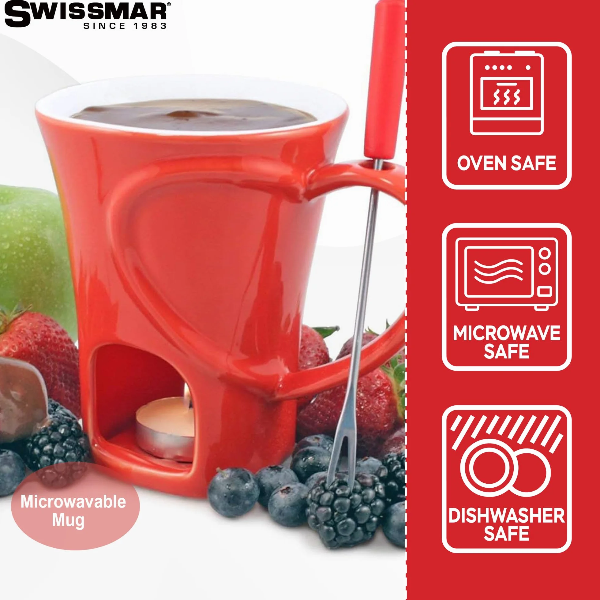 Zestaw 4 sztuk Sweetheart Ceramic/Czekoladowe Fondue ze stali nierdzewnej, czerwony, 120 ml, świeca tealight, zmywarka do naczyń, pudełko upominkowe