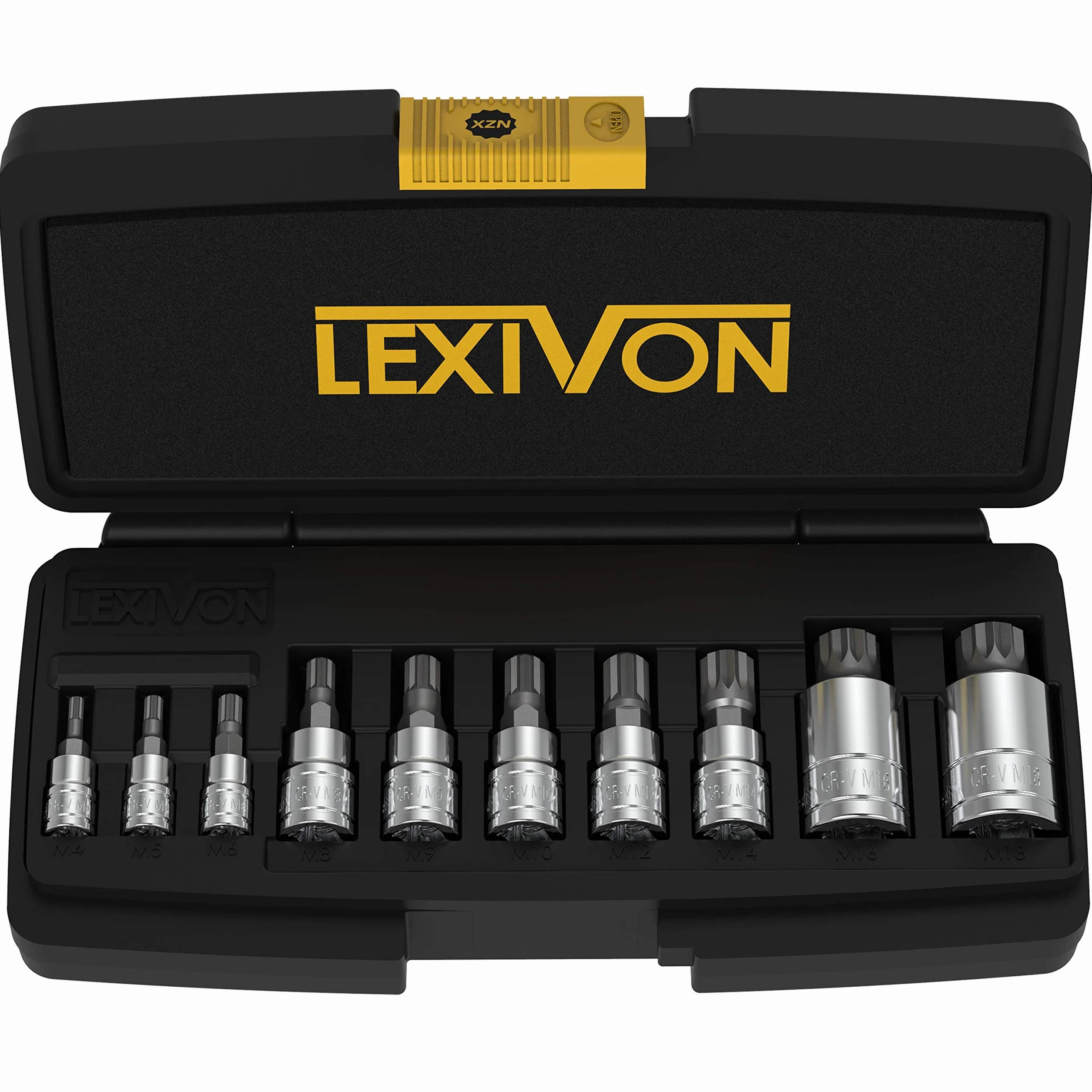 LEXIVON XZN Zestaw nasadek z potrójnym kwadratowym splajnem, rozmiar M4, M5, M6, M8, M10, M12, M14, M16, M18, gniazdo imbusowe, wiele zębów, zestaw 10 szt., do klucza dynamometrycznego, klucza