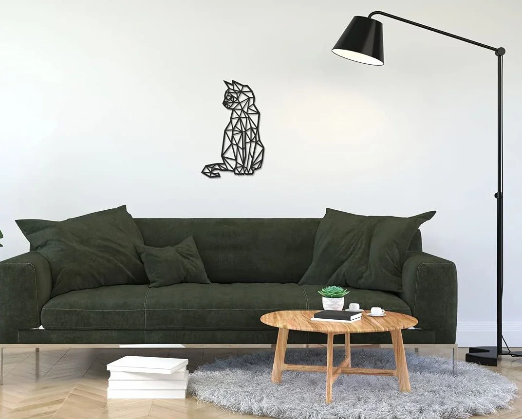 Geometryczny panel: KOT 40x26cm czarny | Dekoracja ścienna z drewna | Wycinanka KOTY | Geometryczne ozdoby wiszące | Wyprodukowano w Polsce
