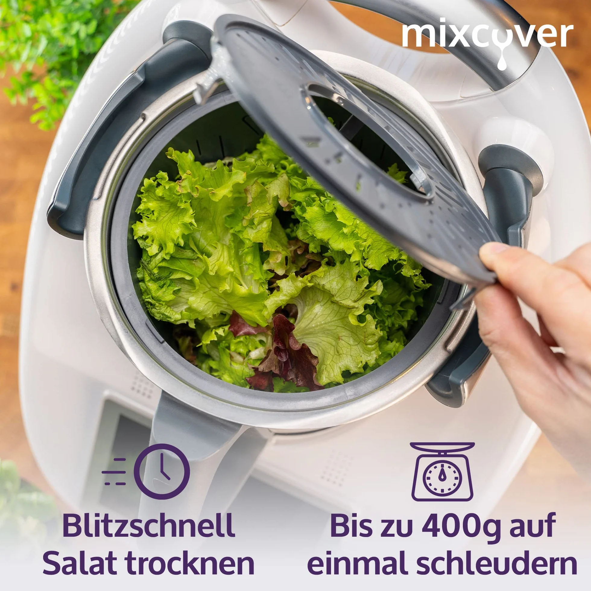 mixcover ulepszona wersja wirówki do sałat z e-bookiem z książeczką przepisów, kompatybilna z Thermomix TM7 TM6 TM5 – mycie i suszenie sałaty – suszarka do sałat - również do gotowania