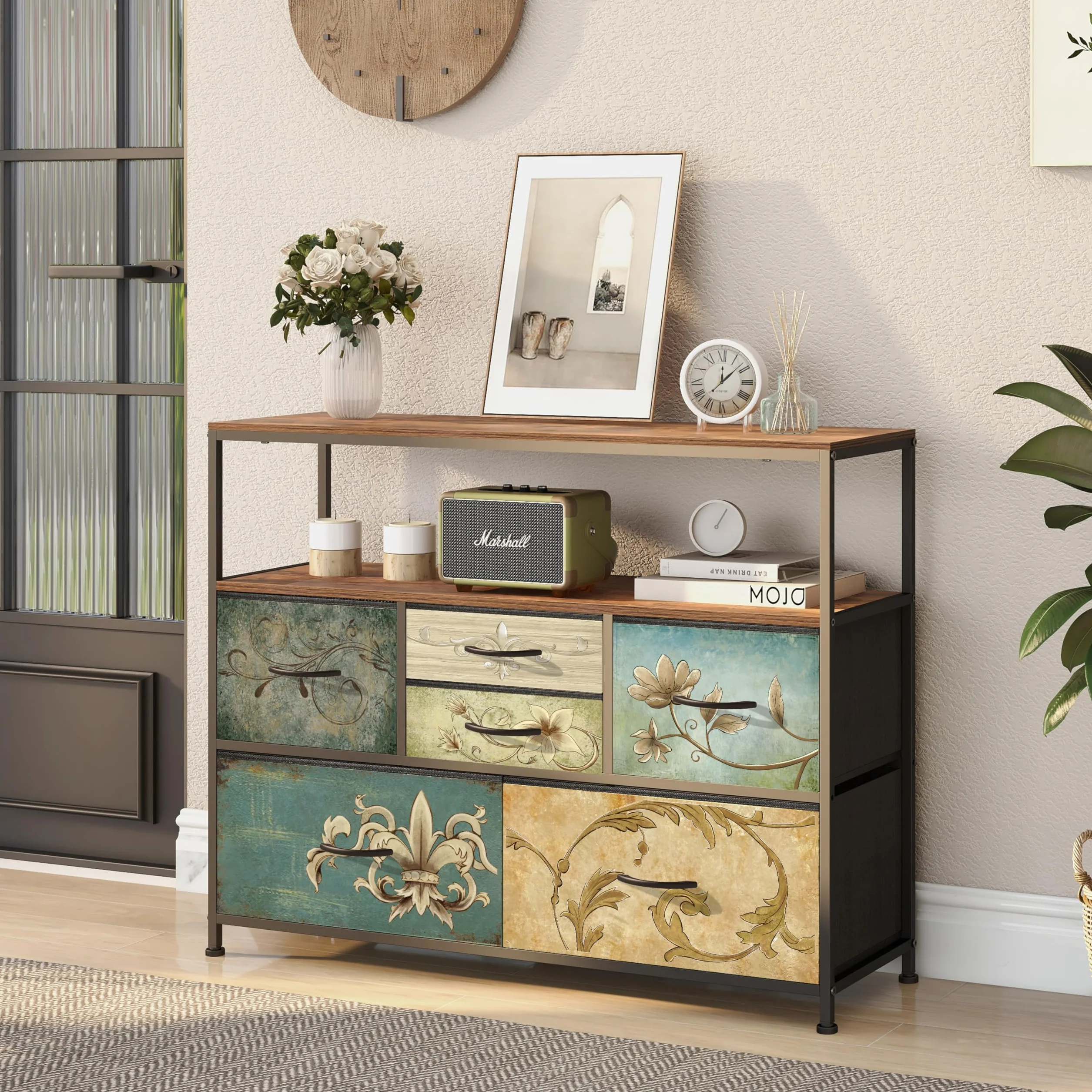 VEDECASA Komoda z 6 szufladami z materiału, styl boho, szafka pod telewizor, stojak do sypialni, komoda z drewnianym blatem, szufladami z materiału, metalowy stelaż do salonu, sypialni, korytarza