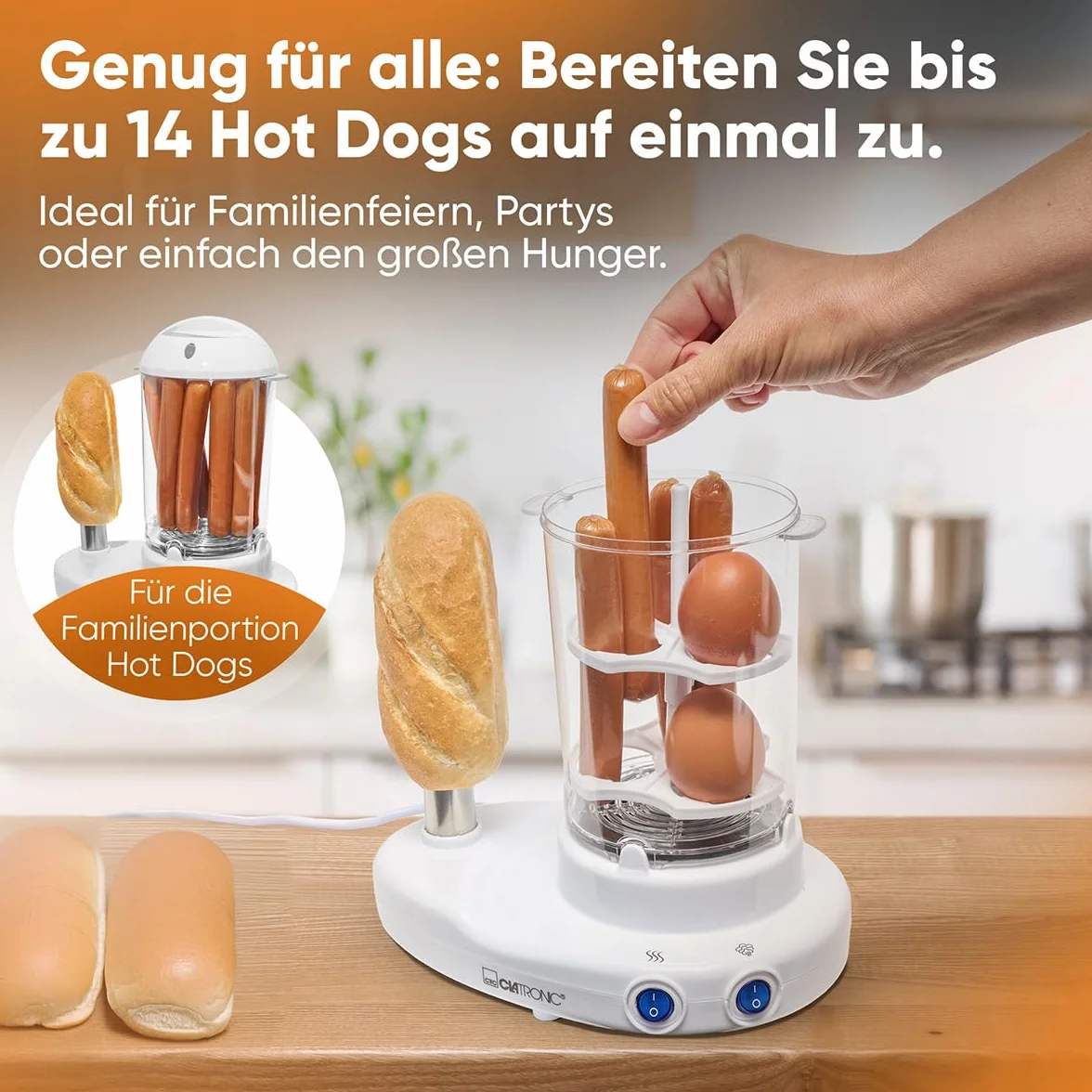 Clatronic HDM 3420 - 2 w 1: producent hot dogów i kotłów do jajek w jednym, białym, 380 W