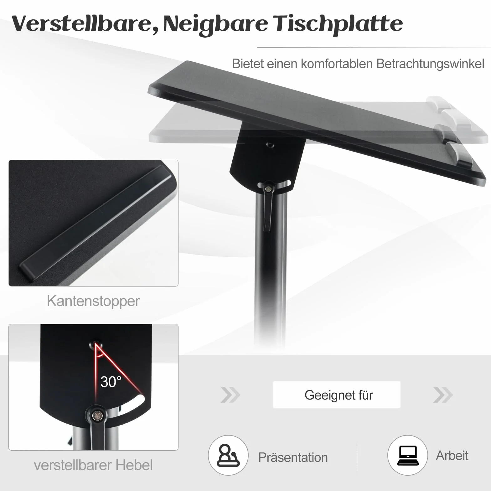 COSTWAY Mobilny pulpit mówniczy, stojący pulpit z regulacją wysokości, wózek na laptopa z uchylnym blatem stołu, półką i uchwytem na napoje, stojak na ambony z regulowanymi kółkami, do domu, biura