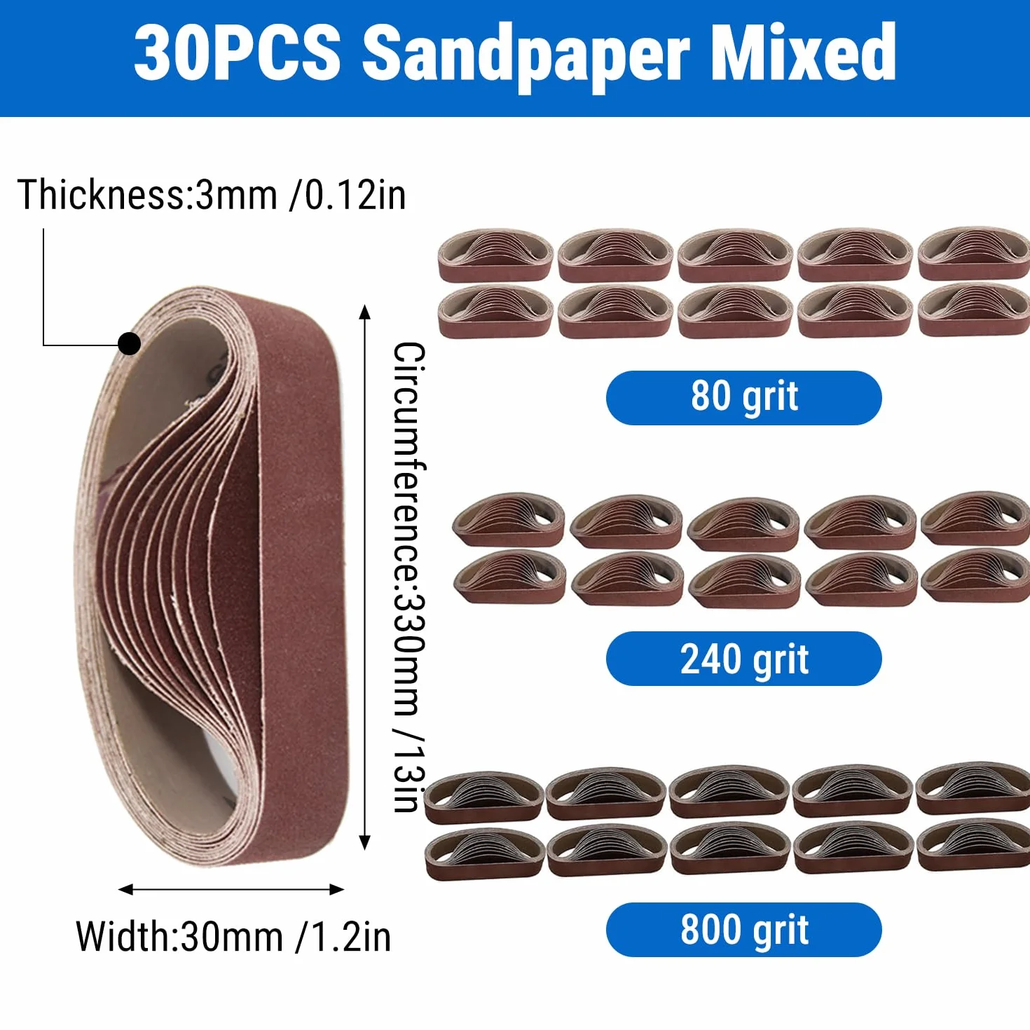VOBOR Taśmy szlifierskie 30 x 330 mm, 30 sztuk z tlenku glinu, ziarnistość 80/240/800, podkładka szlifierska o różnej ziarnistości do szlifierek taśmowych