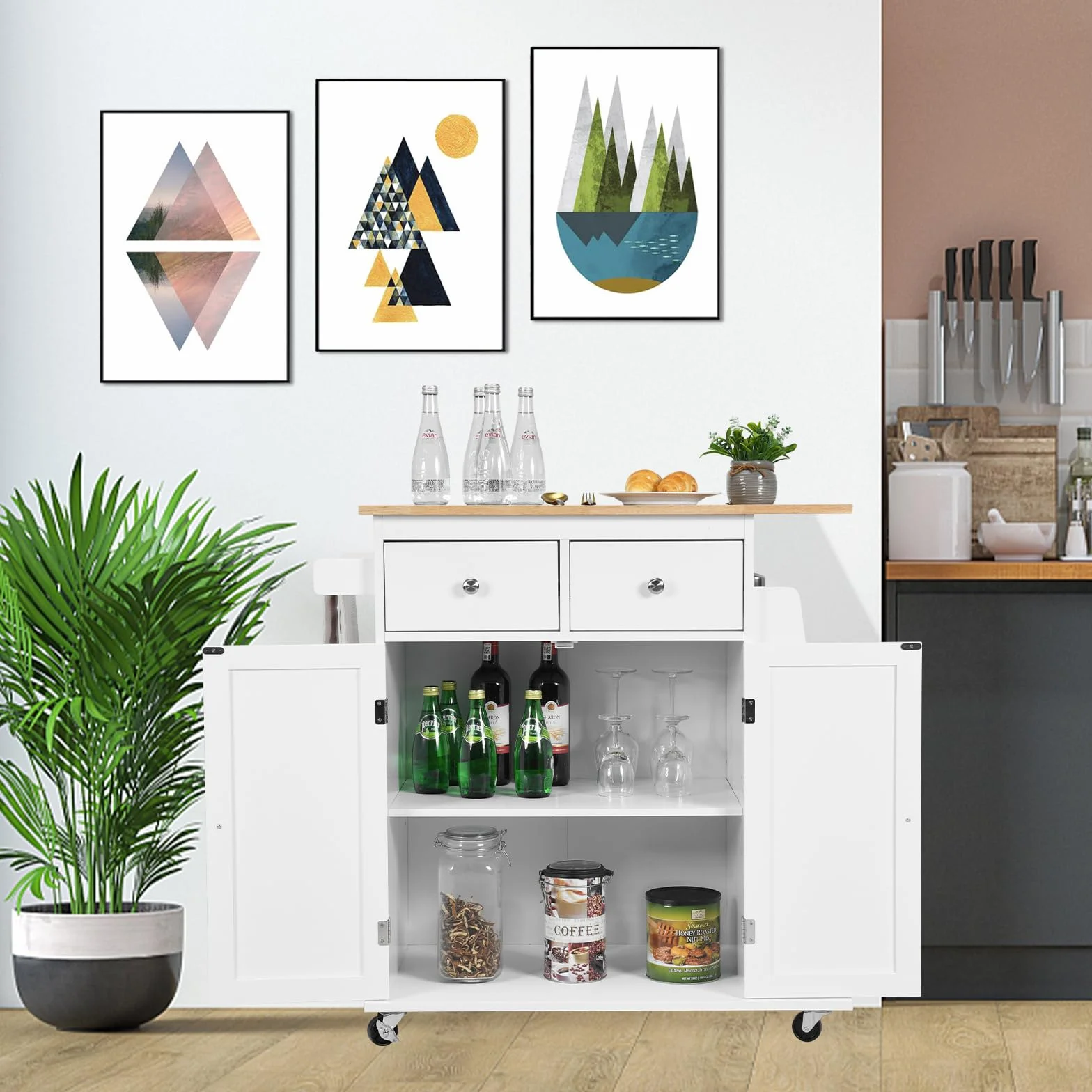 KOMFOTTEU Wózek kuchenny z blatem roboczym 80 x 45 cm, wyspa kuchenna na kółkach, szafka kuchenna z szufladami, regał na przyprawy, wózek kuchenny z litego drewna, do kuchni, jadalni (biały), QF54581