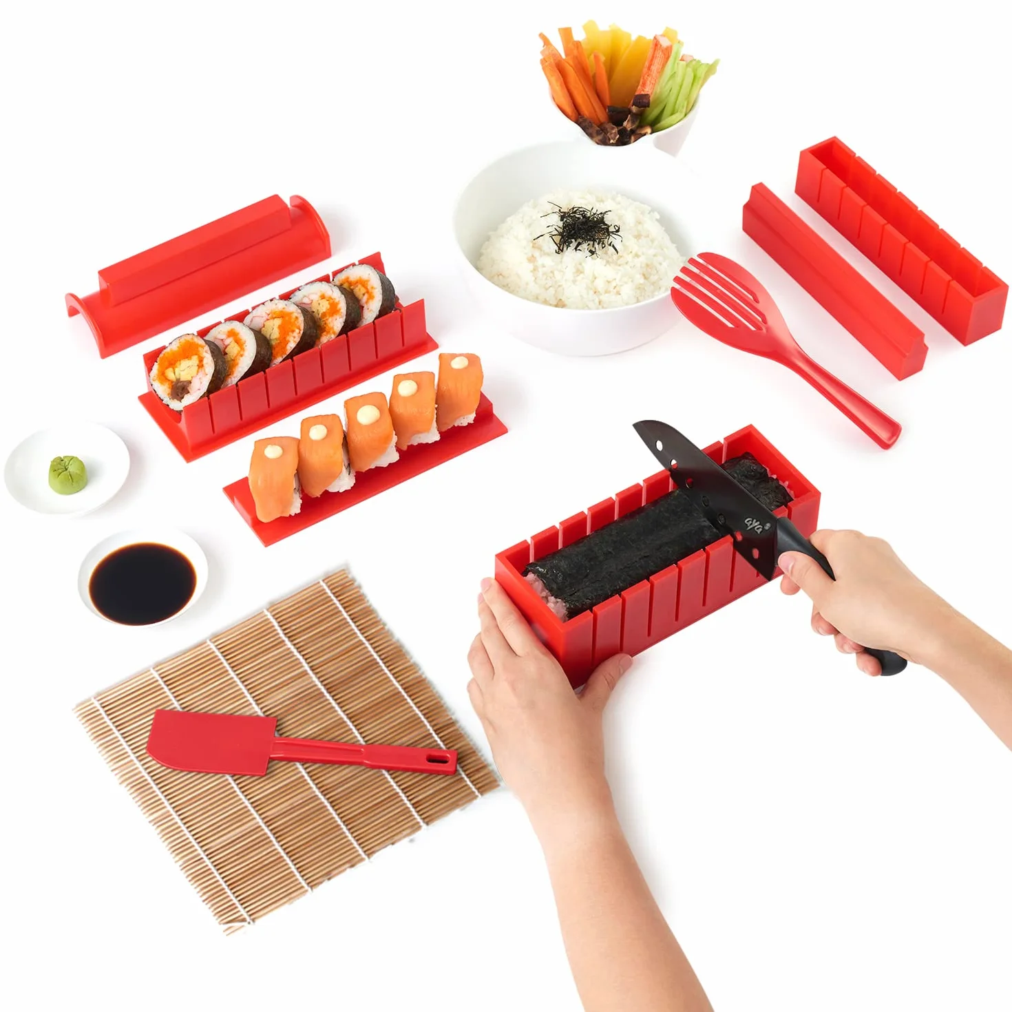 Aya Sushi Maker 3 - Asystent AI - Przepisy - 25 Sztuk - Przybory - Samouczki Wideo - Zestaw Z Nóż i Bambusową Matą - Łatwe i Przyjemne
