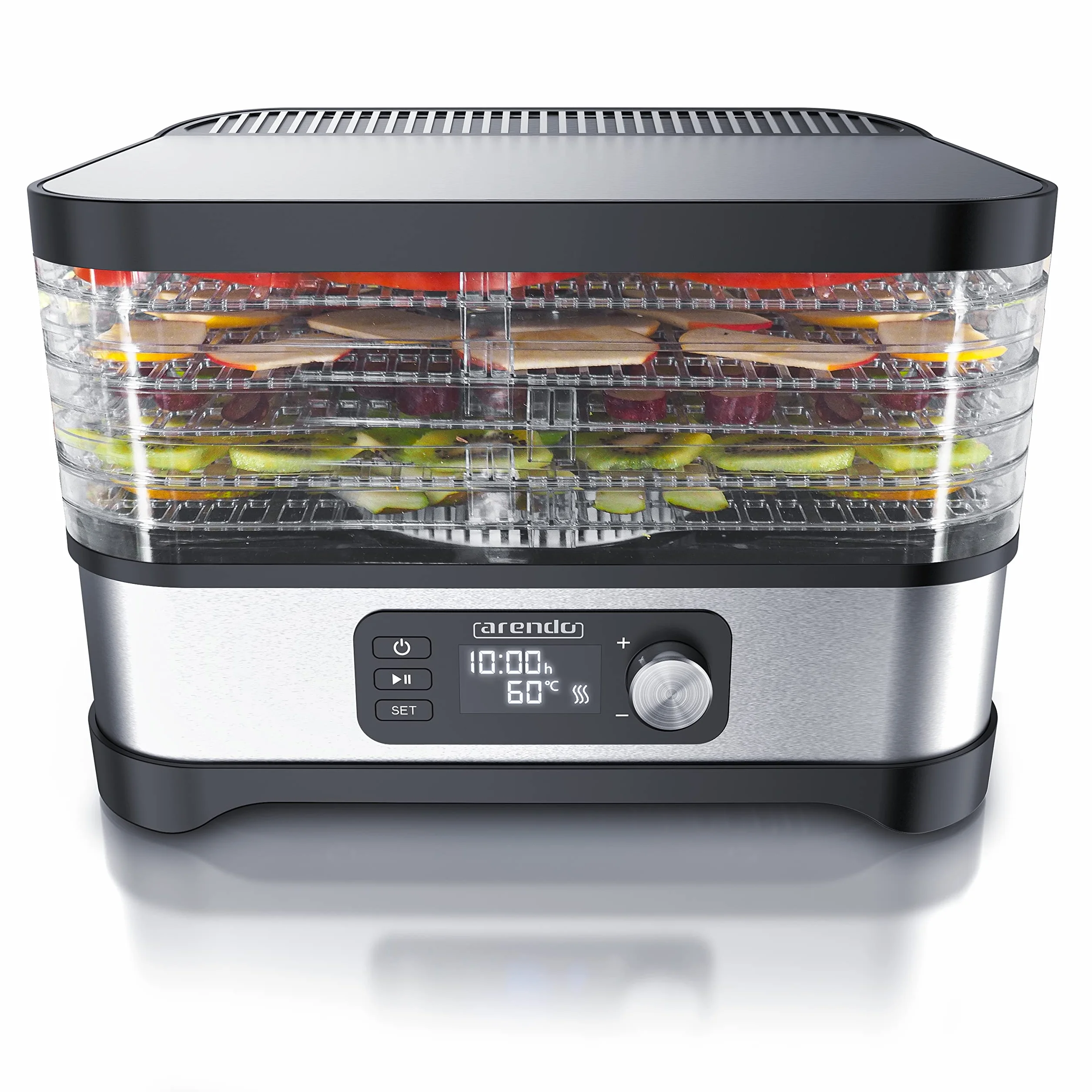 Arendo - Suszarka z regulatorem temperatury 400 W – urządzenie do suszenia żywności, mięsa, owoców, warzyw, z timerem do 24 h, 35 – 70 stopni, 5 wkładanych półek, GS – odwadniacz – nie zawiera BPA