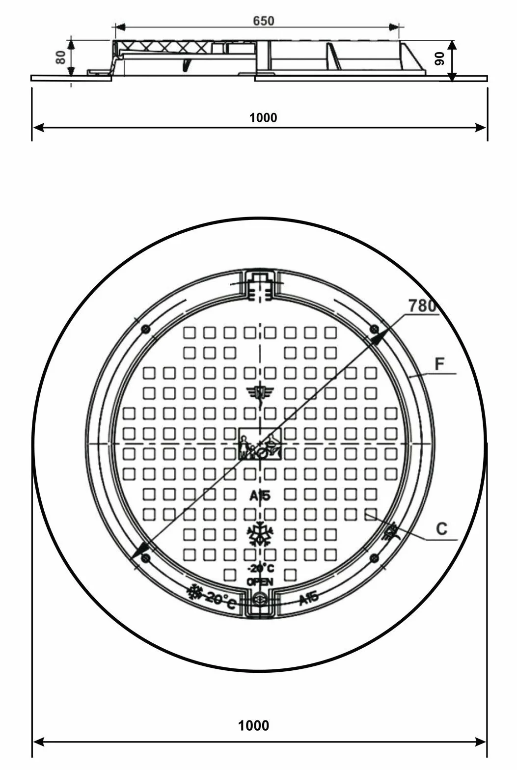 Varile 1000 mm uniwersalna pokrywa włazu z tworzywa sztucznego pokrywa do studzienki I rynna ściekowa (czarny)
