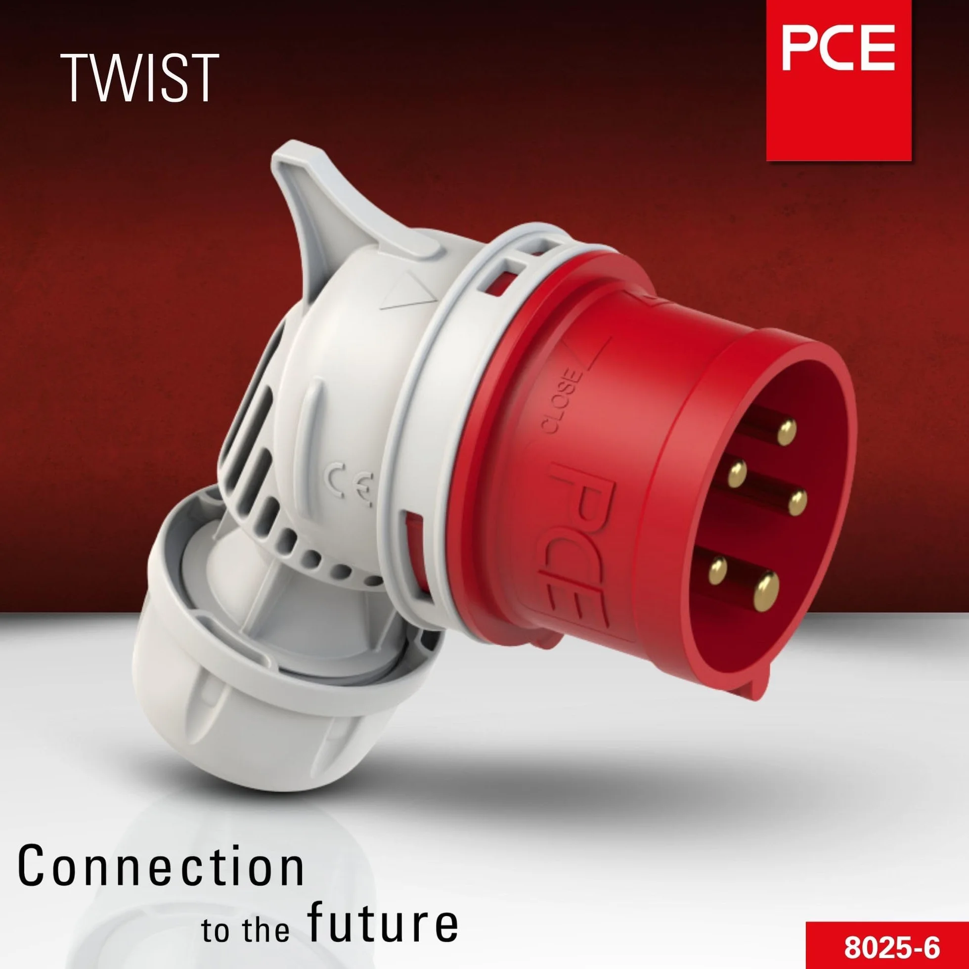 PCE 8025-6 wtyczka kątowa CEE, 32 A, 5-biegunowa, 6 h, IP44, Twist, czerwona, 400 V, kątowa wtyczka przemysłowa CEE, ochrona przed rozbryzgami wody, wtyczka CEE do warsztatu, generatora i przyczepy