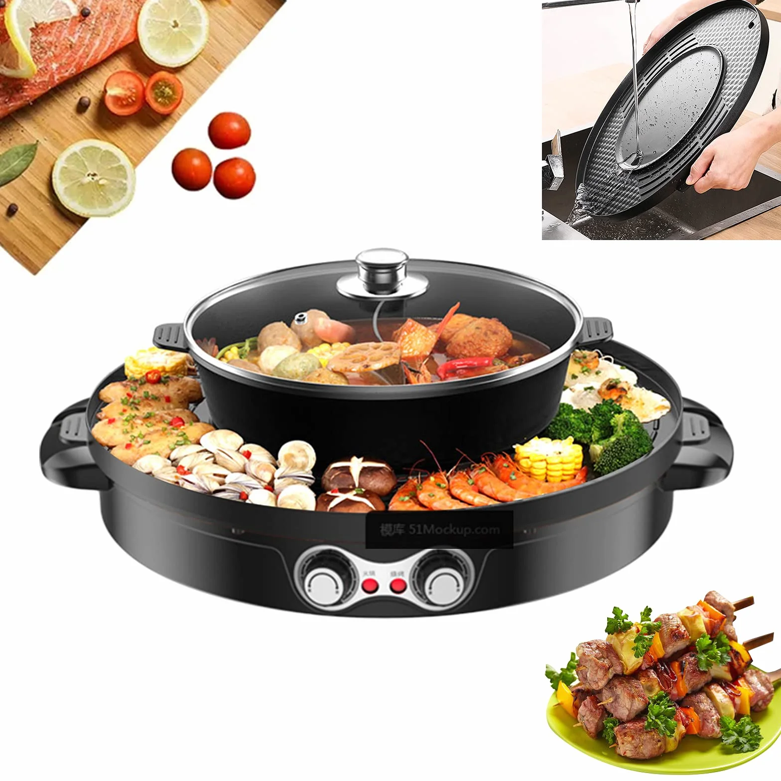 Hot Pot elektryczny garnek 2 w 1, 2200 W, średnica 29 cm/44 cm, elektryczna płyta grzewcza, hotpot 52 x 18,5 cm, dwustronny garnek do gotowania z pokrywką