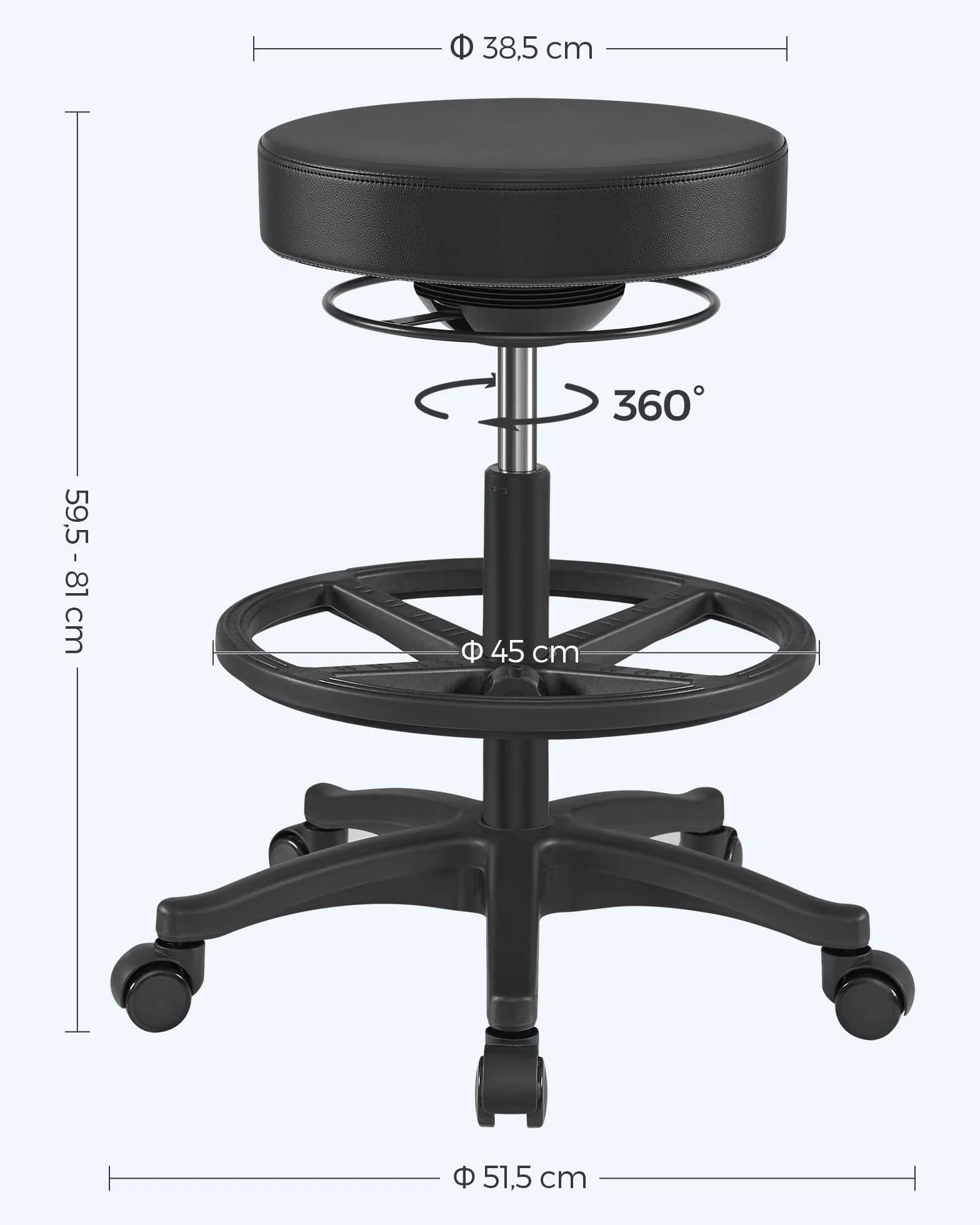 SONGMICS Stołek roboczy, wysokie siedzisko, ergonomiczny stołek dynastyczny, stołek biurowy, stojący, obrotowy i regulowany, 59,5-81 cm, z regulowanym, okrągłym podnóżkiem, czarny OSC007B01