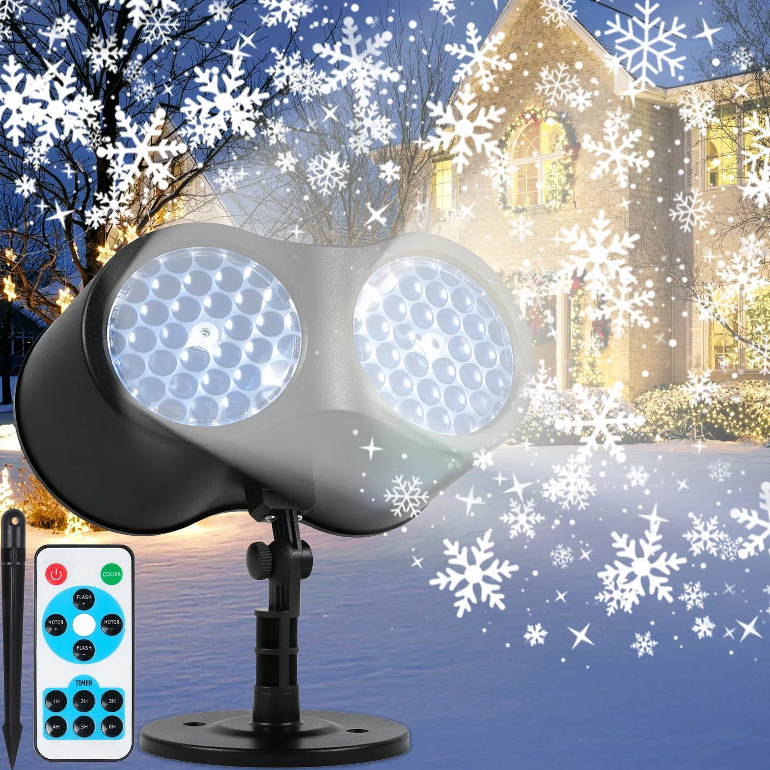 Projektor LED w kształcie płatków śniegu, na Boże Narodzenie, z podwójną głowicą, do użytku wewnątrz i na zewnątrz, z pilotem zdalnego sterowania, wodoszczelność IP65, dekoracja